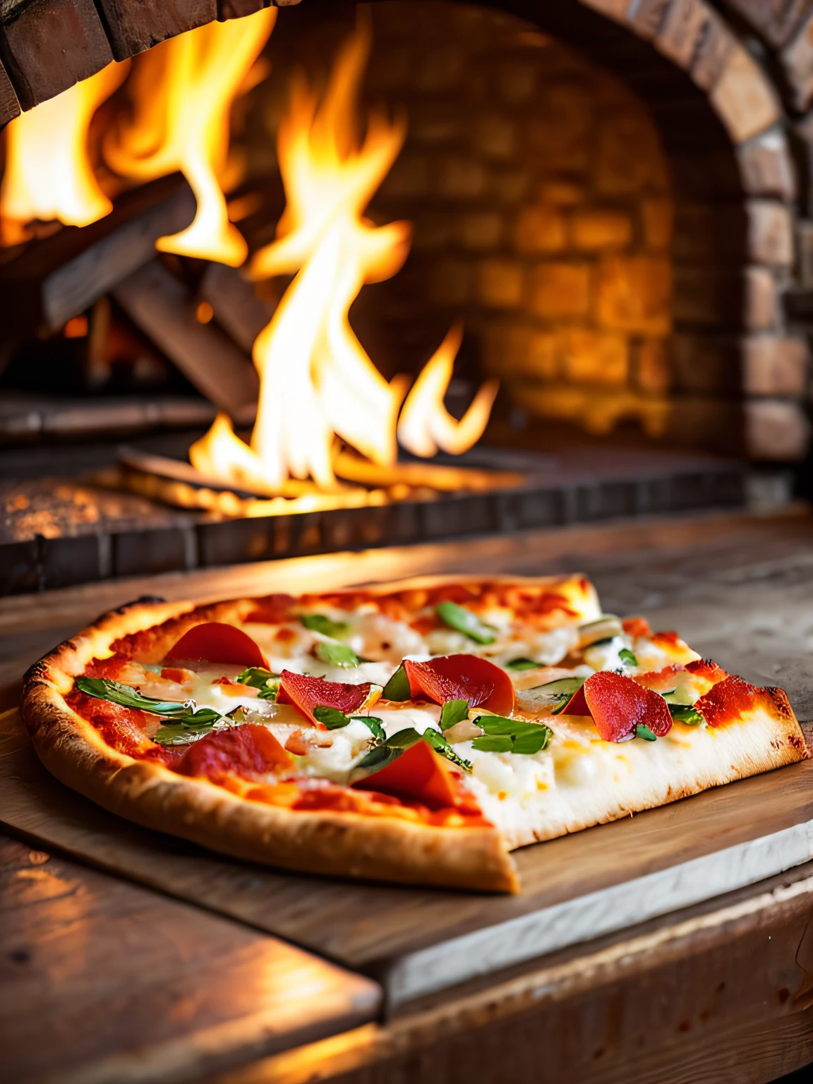 Macro photo of a slice of delicious pizza in front of a stone oven, fire oven, light it fire, food photography, advertising photography, macro crisp quality, warm colors, soft light, extremely detailed, beautiful, establishing shot, artistic, hyperrealistic, octane render, cinematic lighting, dramatic lighting, masterpiece, light brazen, extremely detailed