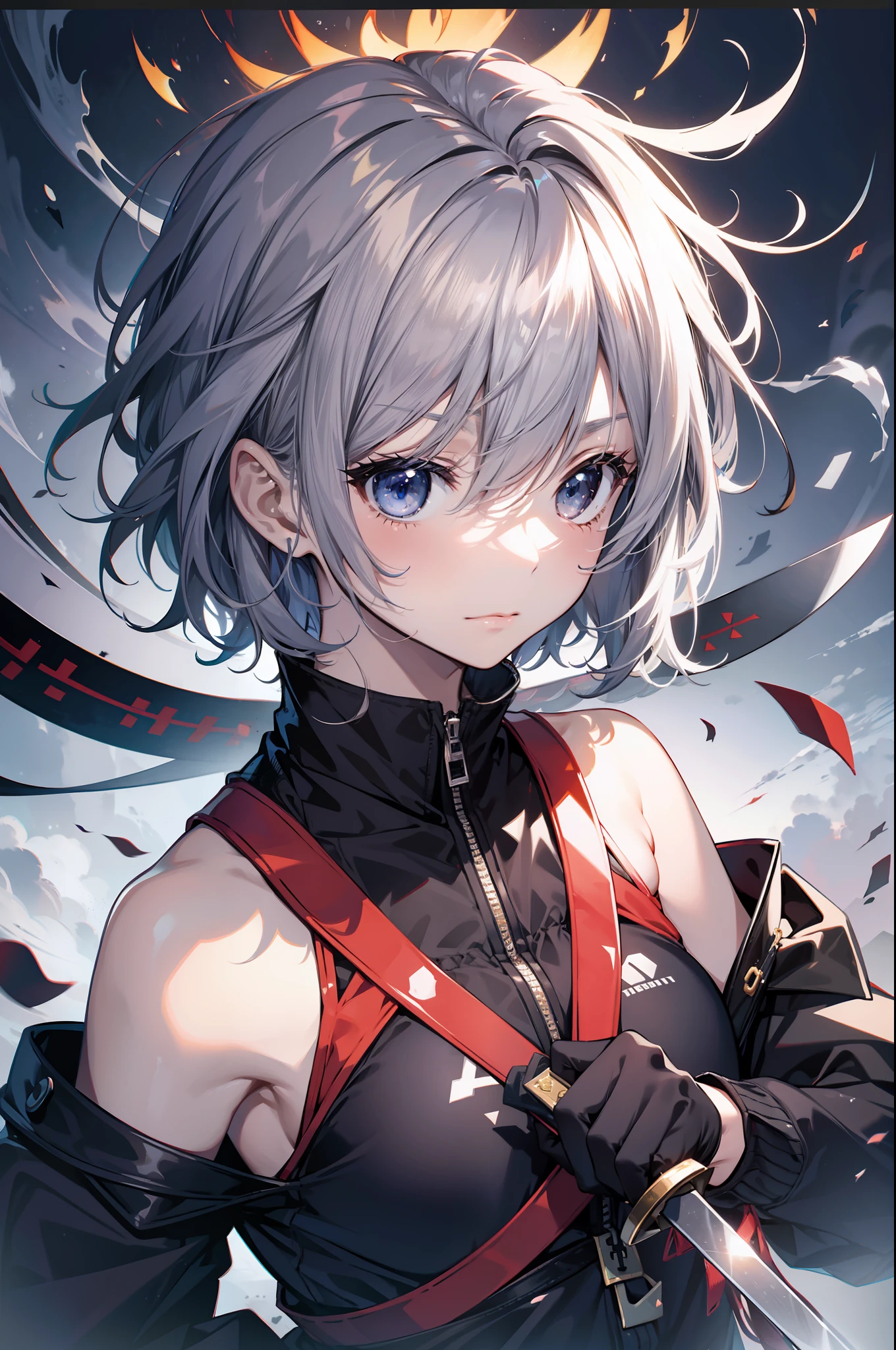 high-level image quality、top-quality、Detailed drawing、Does not blush cheeks、Slender beauty、full body Esbian、Docile、ninjartist、Kunoichi、Suku Swimsuit、Small eyes、Smaller chest、Contrasty、Gray-haired ultra-short-haired、Bery short hair、Holding a kunai in both hands、Battle Scene Pose、Holding a sword in both hands、With mask、Cladding、nightcity