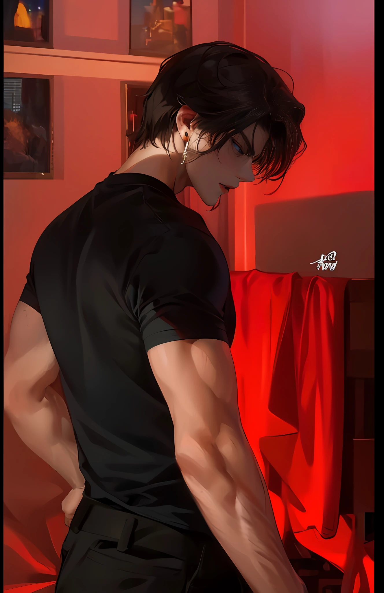 Man, Masculine, Masculine face, Attractive, Muscular, ((1人)), Masterpiece, absurderes, Best quality ,Intricate details , (Shiny skin, shining body, shiny oily luster skin, Shiny hair, pale skin tone), the sunset, Attractive, ((Muscular)), Adult, One, tattoos on the chest ,black shirt, Earrings, Black pants, Don't look at the view , Not looking at the view, Blue long hair, Perfect detailed face, perfect detailed hands, Vampire, Blue eyes, ((MLS)), medium large shoot