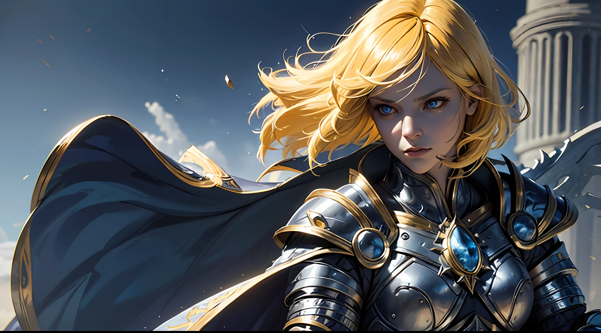 official art, unity 8k wallpaper, ultra detailed, masterpiece, best quality, 1 woman, (extremely detailed), dynamic angle, Mysterious expression, wind effect, fantasy background, rim lighting, side lighting, cinematic light, ultra high res, 8k uhd, film grain,best shadow, delicate, RAW, light particles, detailed skin texture, detailed armor texture, detailed face, intricate details, ultra detailed, bright, strong, (silver armor), holding spear, pauldrons, ((yellow hair)), glowing blue eyes, bangs, blue cape, fantasy, (realistic), atmospheric,