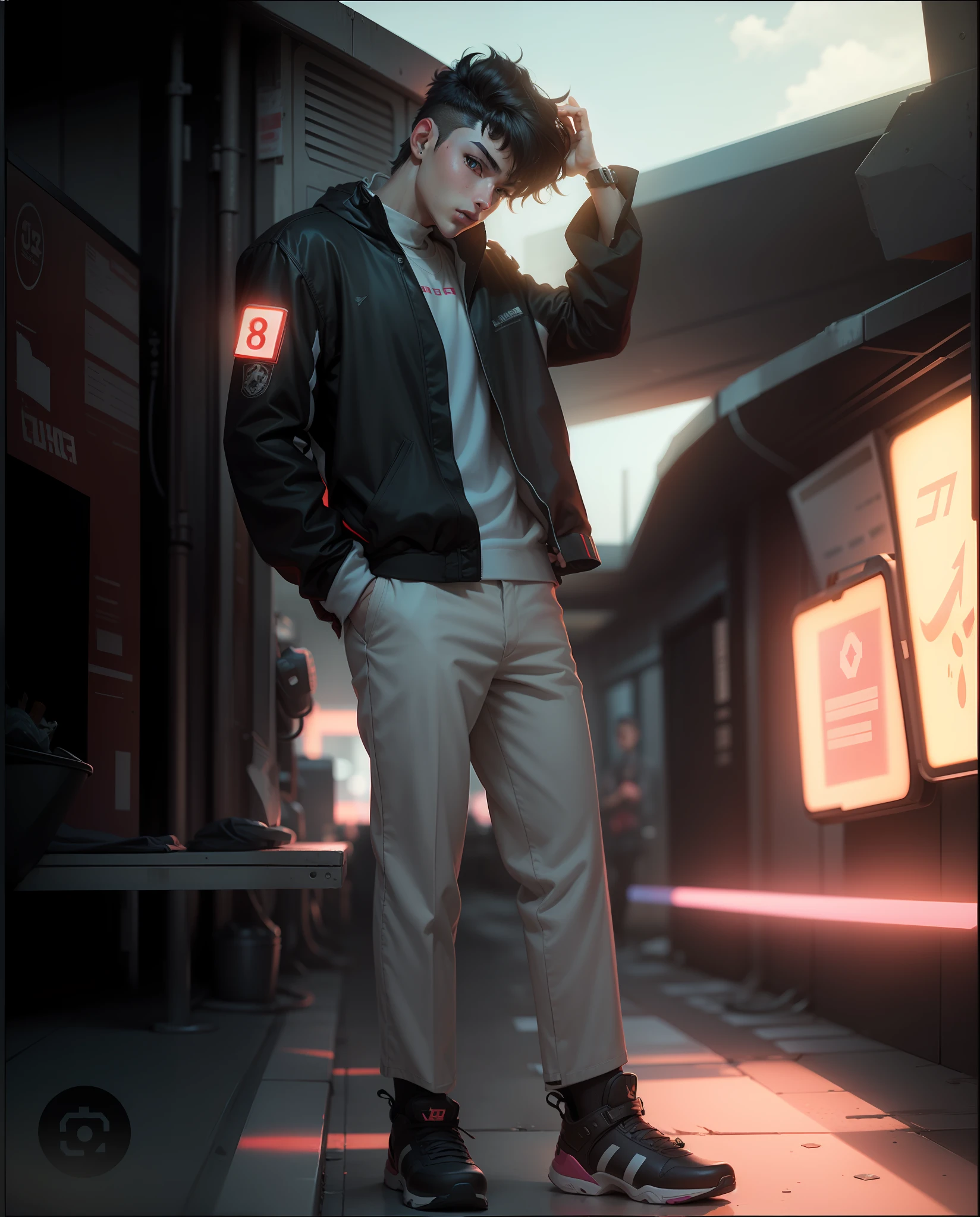 Anime style, cartoon style, cute boy with black hair, 8K definition, cinematic pastel Lightning, hyper-realistic Cyberpunk style.
