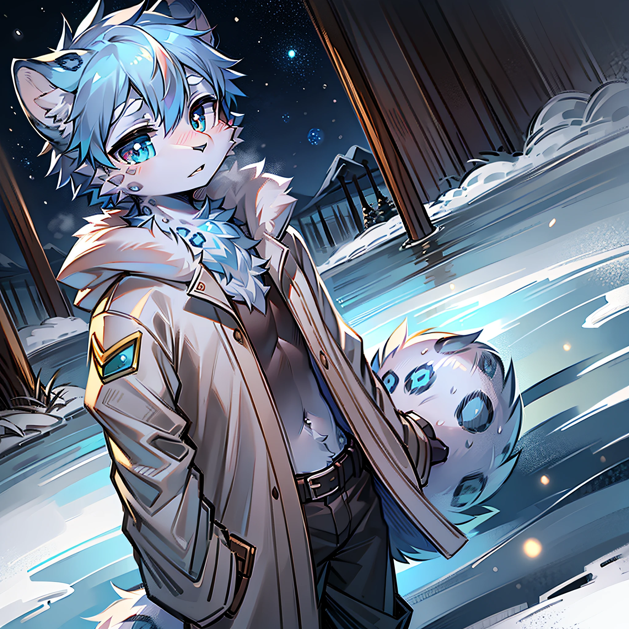 Masterpiece quality,Highest definition,Detailed textures,8K,Soft lines,Heterochromic pupils,Snow Leopard Boy,Shota,Slim size,short detailed hair,Neck villi,pelt coats,trouser,Lake,Blue Moon,Polaris,extreme light,icecreen