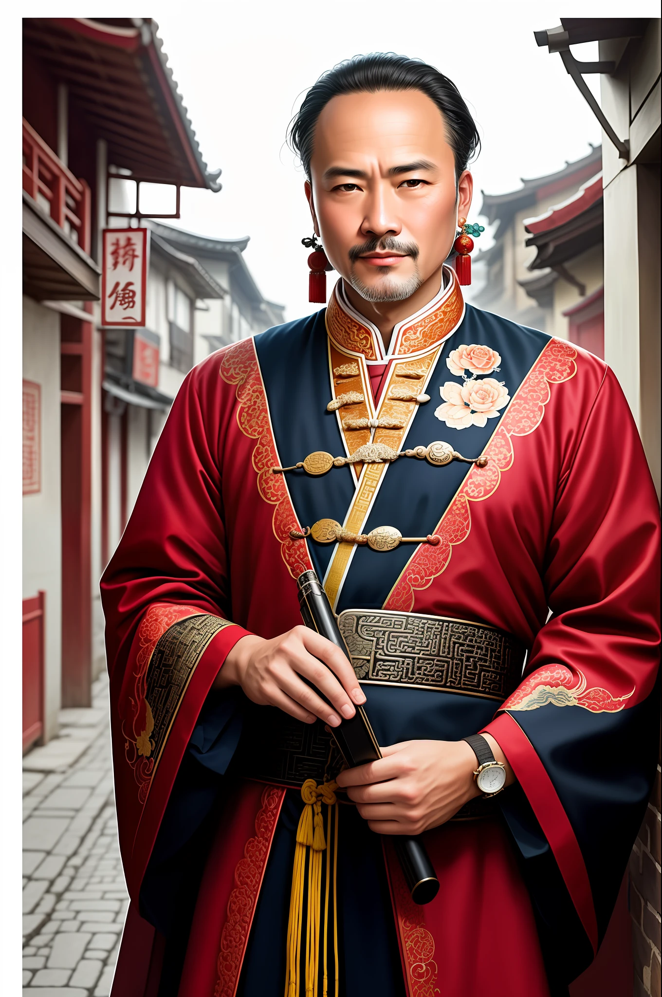 RAW photo, Close-up portrait.o A man wearing ancient Chinese Qing dynasty clothes, The forehead is slightly wrinkled，sbeard，Medium build, Map in hand，The background is a narrow and crowded alley (highdetailskin:1.2), 8K  UHD, Digital SLR, Soft lighting, High quality, filmgrain, Fujifilm XT3