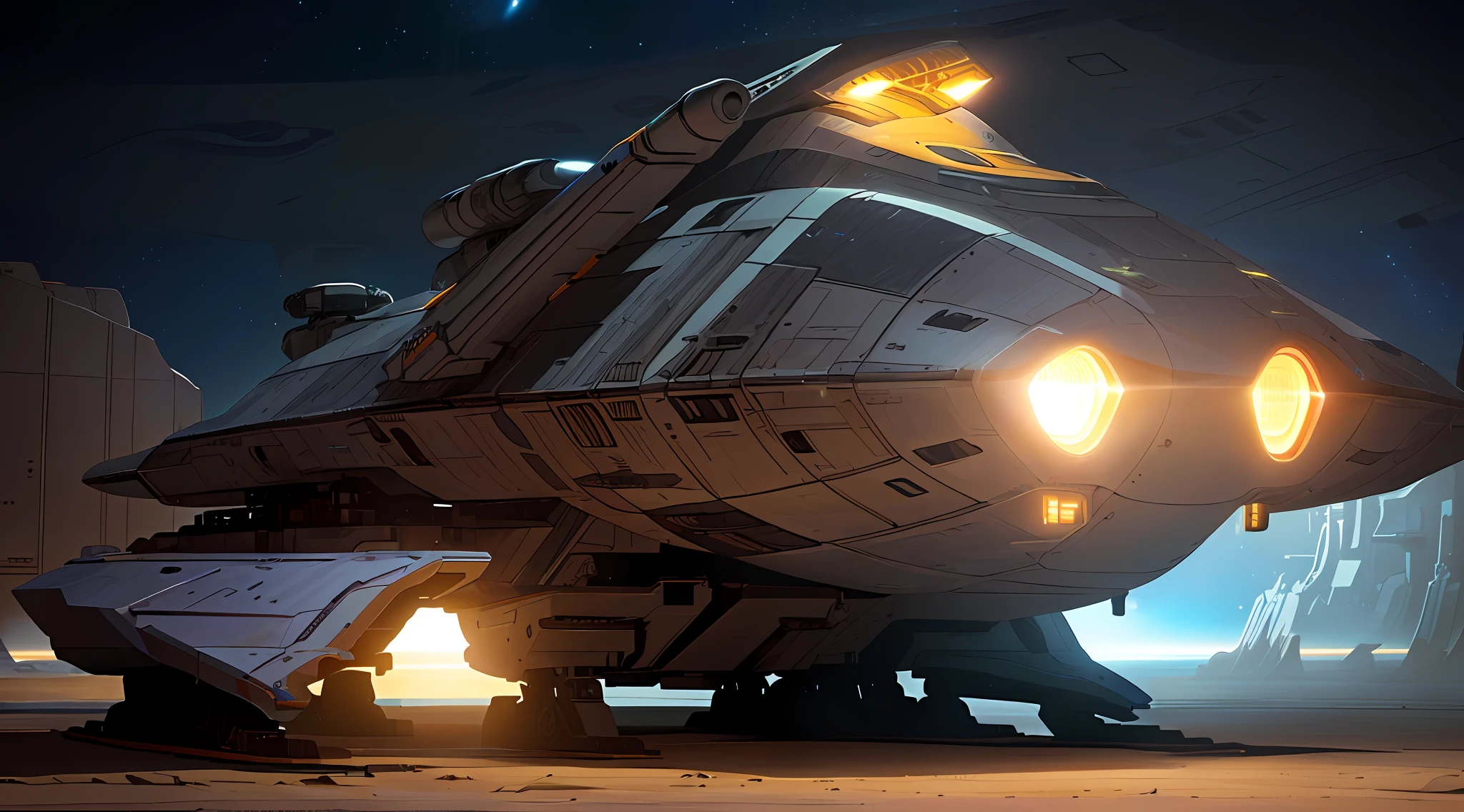 nave espacial no deserto com uma luz brilhante em seu telhado, nave espacial detalhada, nave espacial pousada no fundo, Arte conceitual da nave espacial, nave espacial scifi, sci-fi spaceship, retro sci-fi spaceship, nave espacial em um leito de rio seco, nave espacial futurista, nave estelar futurista, Projeto de naves espaciais, Sci Fi Dramatic Lighting, nave espacial abandonada, artes conceituais, spaceship, pequena nave estelar perto