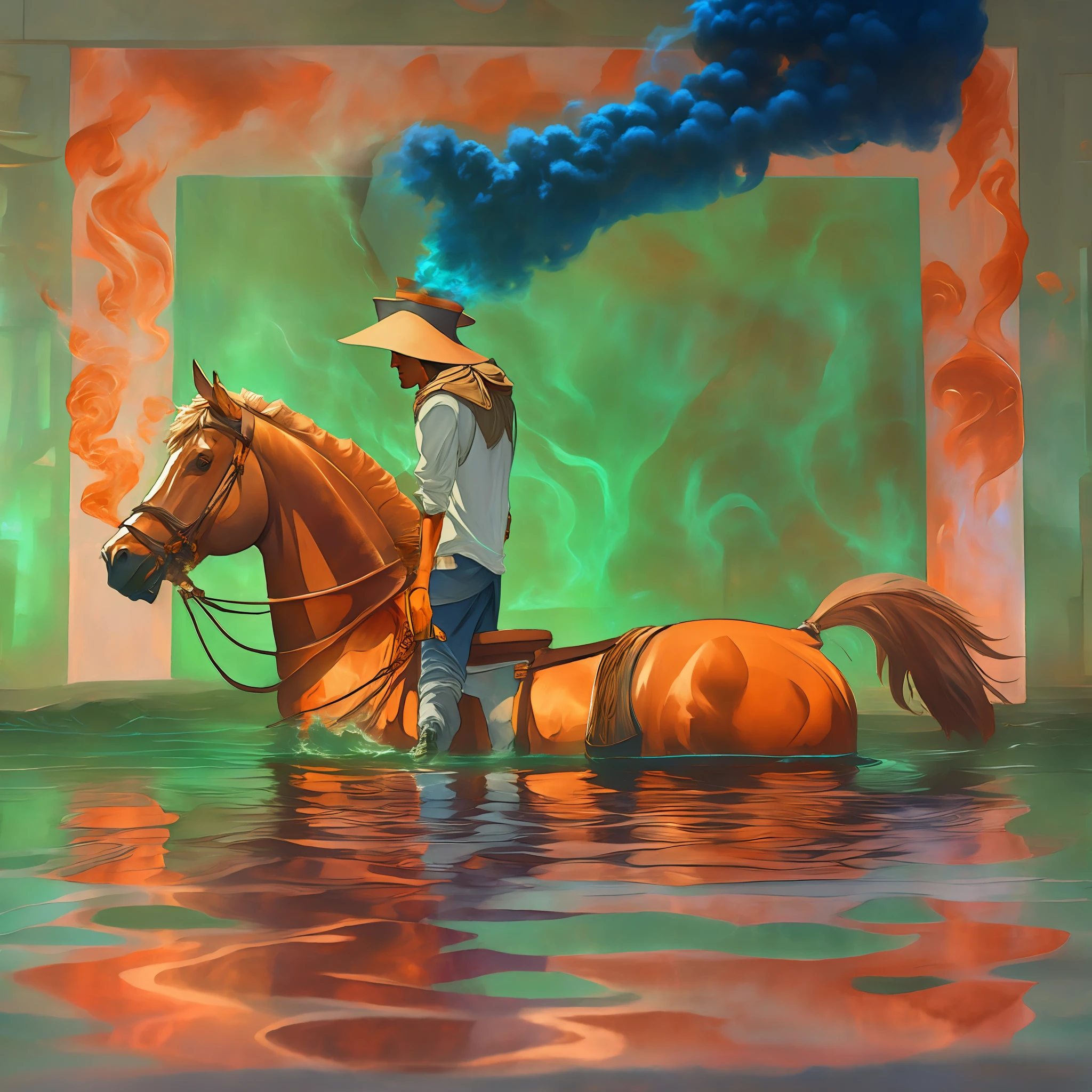 columna diagonal de humo, bluish color darker coming out of the hat and lighter at the opposite end