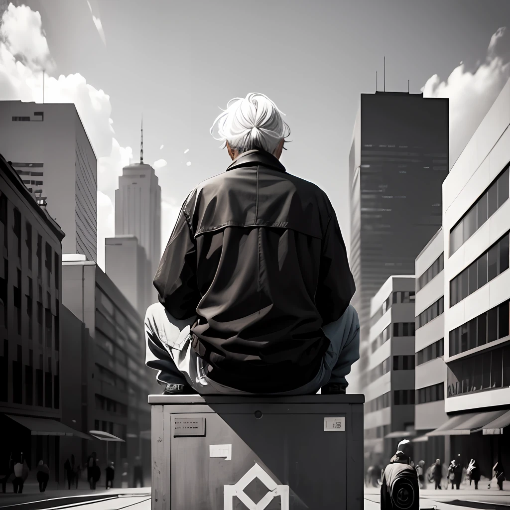 Abstract black and white image of beggar grandpa sitting on top of a box talking
with man, both back and in the background buildings --auto