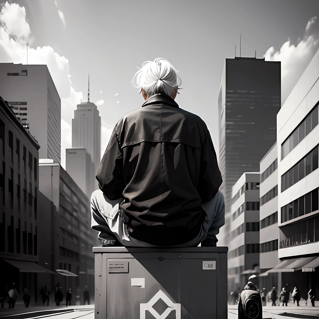 Abstract black and white image of beggar grandpa sitting on top of a box talking
with man, both back and in the background buildings --auto