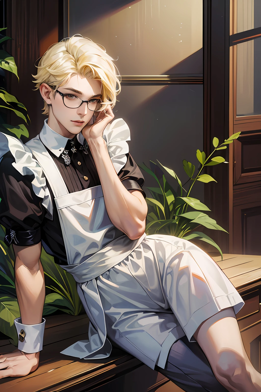 (absurdres, highres, ultra detailed, HDR), masterpiece, best quality, 1boy, solo, handsome, short hair, light yellow hair, finely eye and detailed face, ((loose maid outfit)), (glasses), (pale and white skin), look at viewer, ear piecing, sitting,
