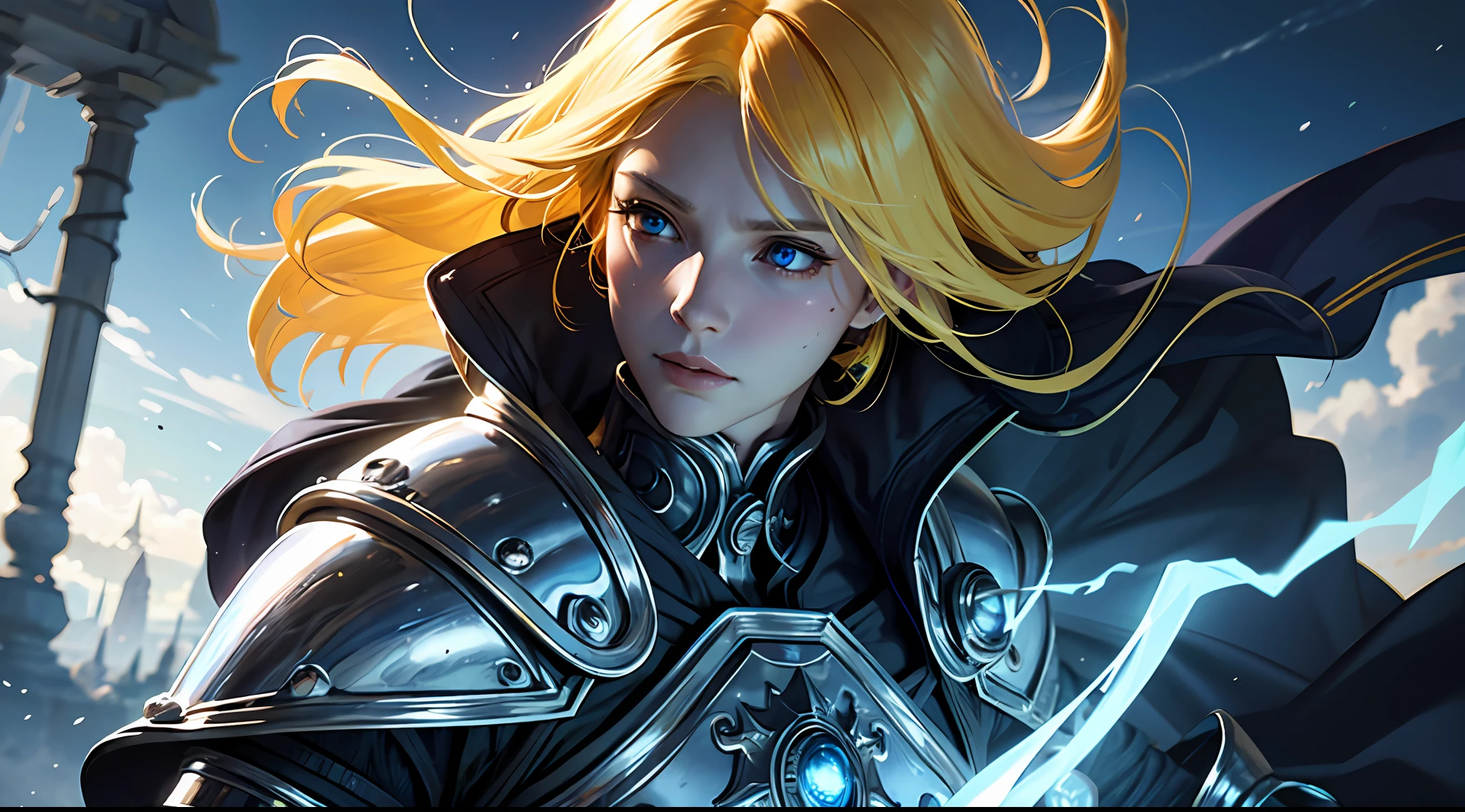 official art, unity 8k wallpaper, ultra detailed, masterpiece, best quality, 1 woman, (extremely detailed), dynamic angle, Mysterious expression, wind effect, fantasy background, rim lighting, side lighting, cinematic light, ultra high res, 8k uhd, film grain,best shadow, delicate, RAW, light particles, detailed skin texture, detailed armor texture, detailed face, intricate details, ultra detailed, bright, strong, (silver armor), holding spear, pauldrons, ((yellow hair)), glowing blue eyes, bangs, blue cape, fantasy, (realistic), atmospheric,