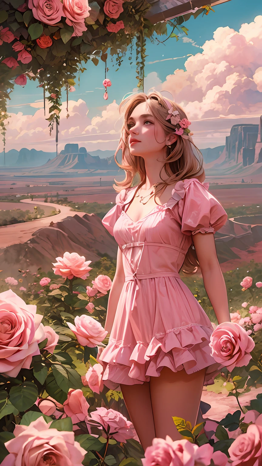 Summer, desert, pink clouds, a land overgrown with roses stands beautiful girl, James Gurney, art station rendered, ultra-wide lens, high definition