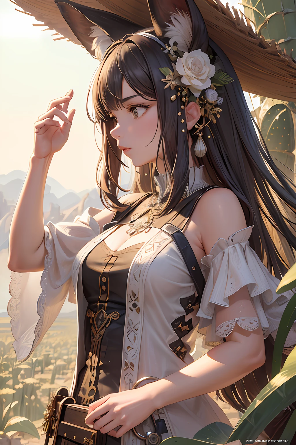 ((masterpiece)), best quality, high quality, ((very detailed CG unity 8k wallpaper)), (fantasy), dry place like empty desert, dear, watch from higher mountains, ((giant agave titanota)), wild plants, foxy, , Mono Lake, hackberry, 3D Digital Paintings, award winning photography, Bokeh, Depth of Field, HDR, bloom, less cactus, Chromatic Aberration , Photorealistic, extremely detailed, trending on artstation, trending on CGsociety, Intricate, High Detail, Dramatic, Halfway Art,