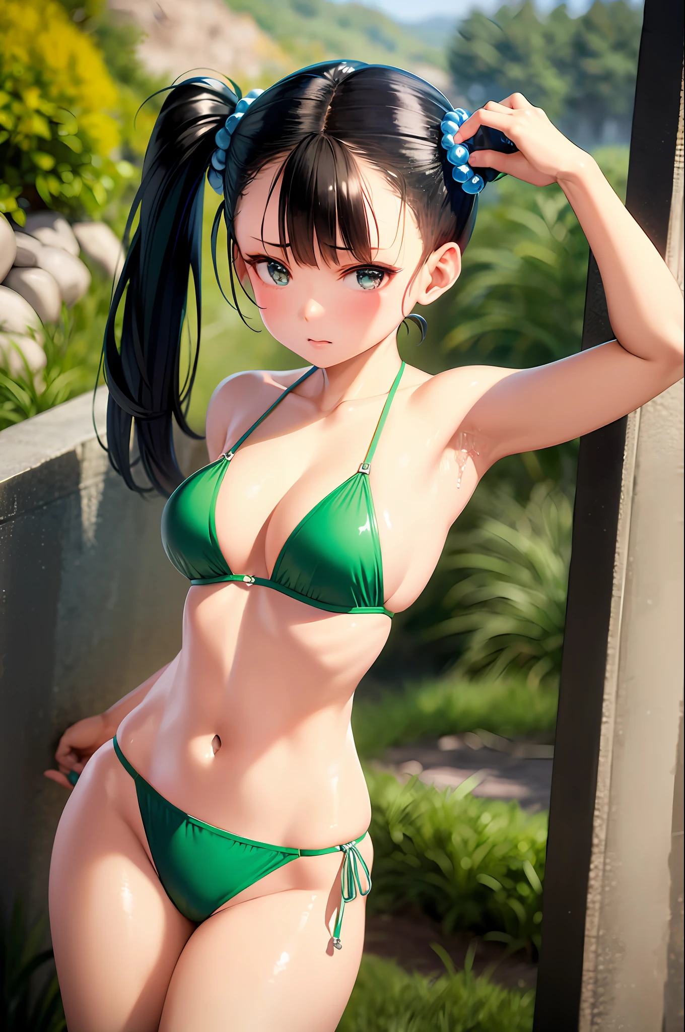 (masterpiece, best quality:1.1), arms behind head, blushed, clumped, fighter (dq3), 1girl, solo, twintails, looking at viewer, black hair, hair ornament, (medium breasts:1.1), Keep one's mouth shut，cowboy lens, 黑The eye, The Arm, Green microbikini, Hair bobble, sea beach，silber hair、nabel、white under lingerie， Messy bra，panties a lot wet