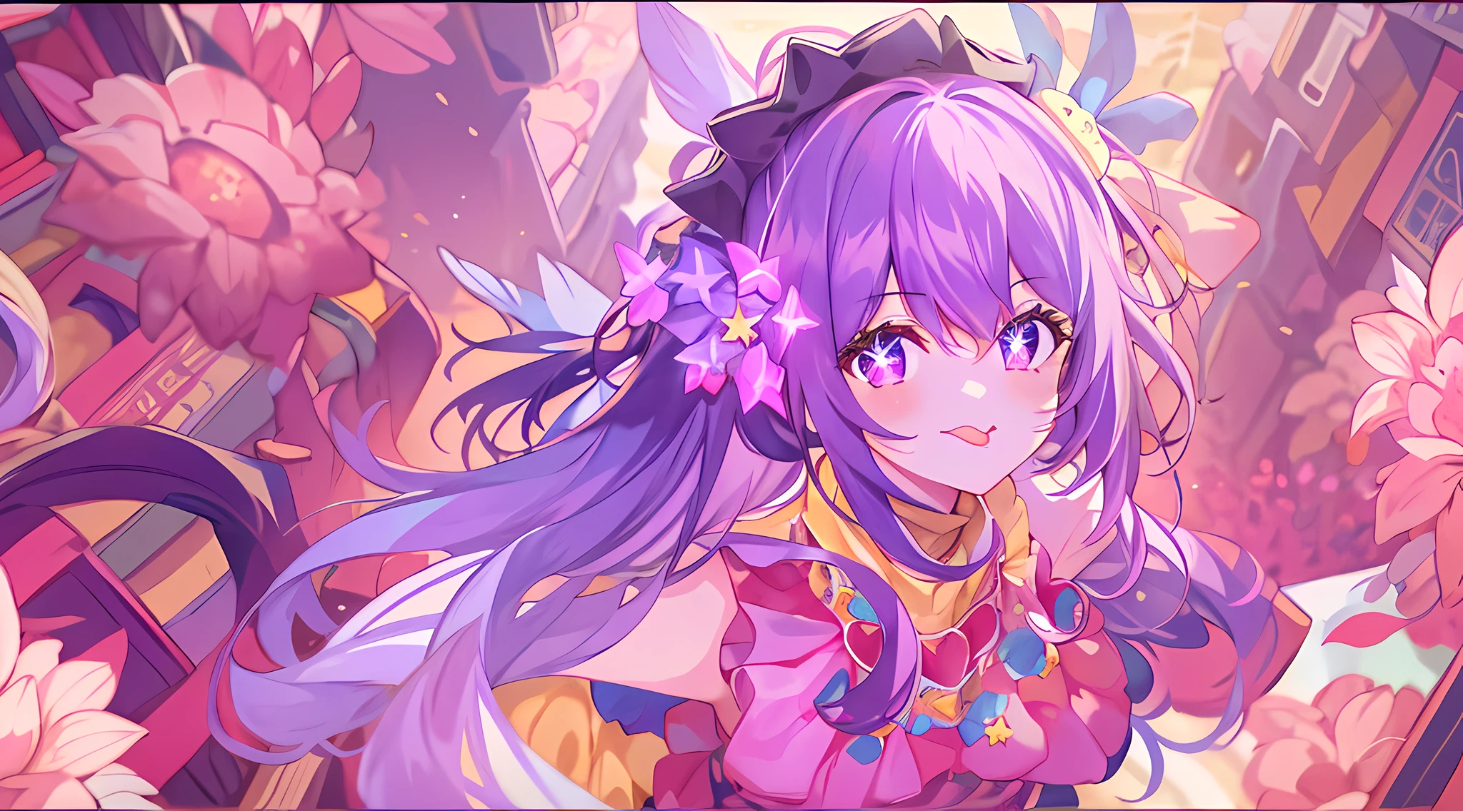 1girl, full body, cowboy shot,
(Rembrandt), illustration, (masterpiece), (best quality), (ultra_detailed), finely detail, (Depth of field),
HshinoAi,gloves, tongue out, tongue, long hair, star \(symbol\), looking at viewer, (purple hair:1.2), purple eyes, upper body, hair ornament, :p, frills, pink shirt, smile, sleeveless, shirt, idol, symbol-shaped pupils, hands up, bangs, one side up, star-shaped pupils, arms up,
dress pull,
Roaring Twenties, isometric, from above, sky, flower, cliff,