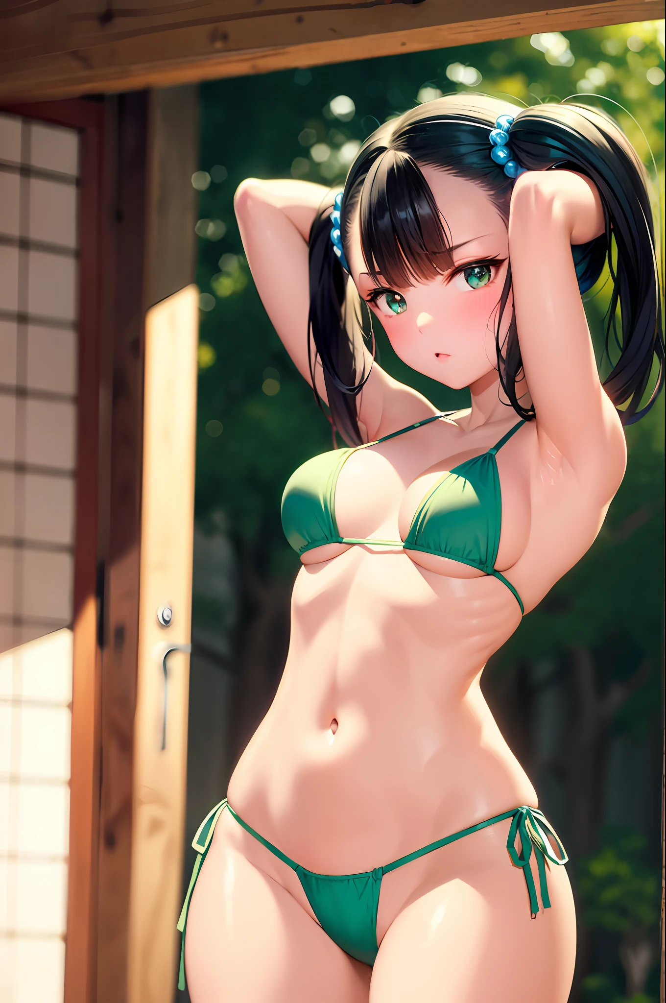 (masterpiece, best quality:1.1), arms behind head, blushed, clumped, fighter (dq3), 1girl, solo, twintails, looking at viewer, black hair, hair ornament, (medium breasts:1.1), Keep one's mouth shut，cowboy lens, 黑The eye, The Arm, Green microbikini, Hair bobble, sea beach，silber hair、nabel、white under lingerie， Messy bra，panties a lot wet