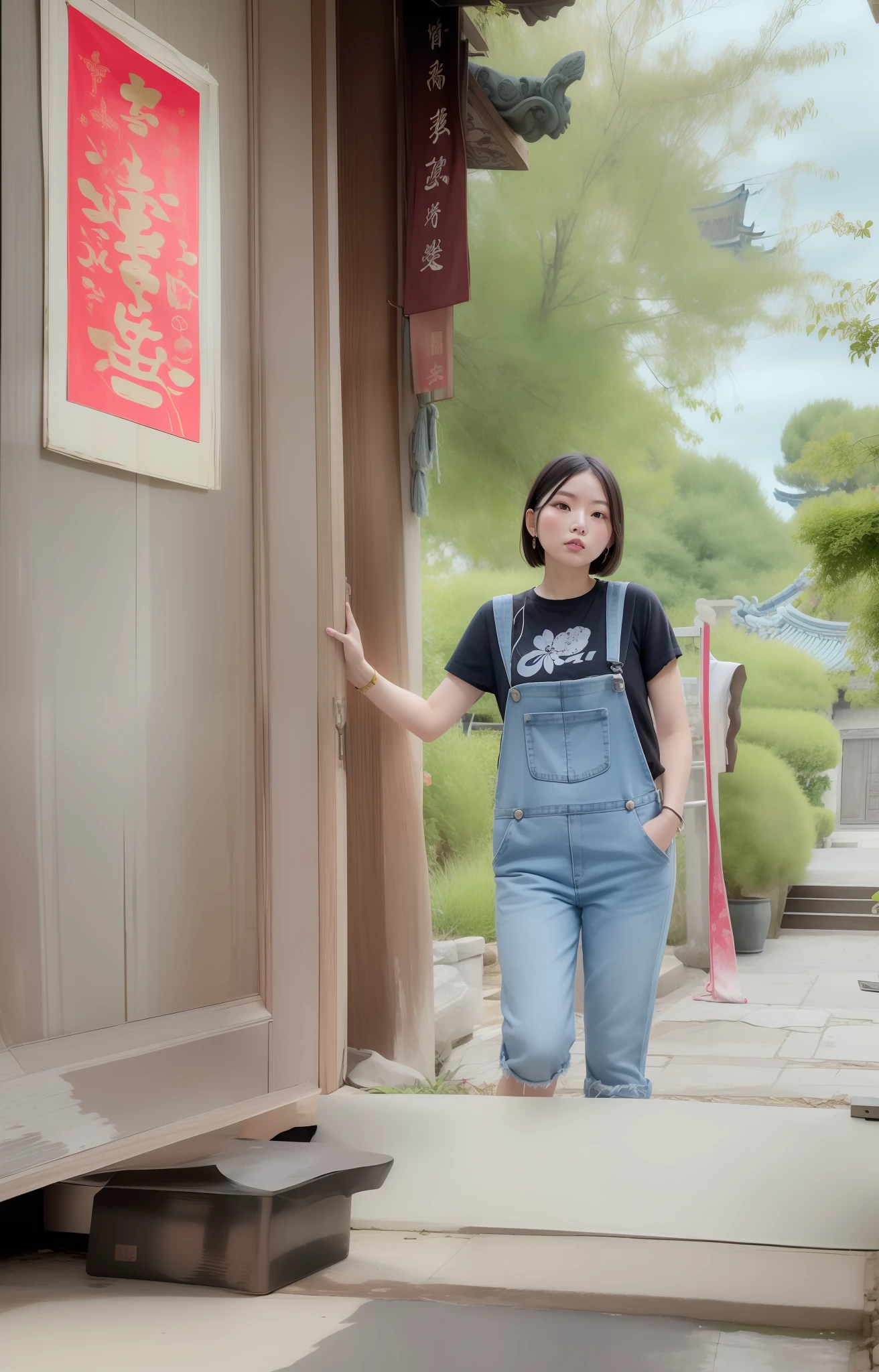 There was a woman standing in the doorway of the building, Artist in tattered overalls, Wearing overalls, clothed in ancient street wear, wearing blue jean overalls, artist wearing overalls, wearing dirty overalls, Jackie Tsai style, inspired by Leng Mei, inspired by Ni Yuanlu, With a Chinese temple, full body photogenic shot