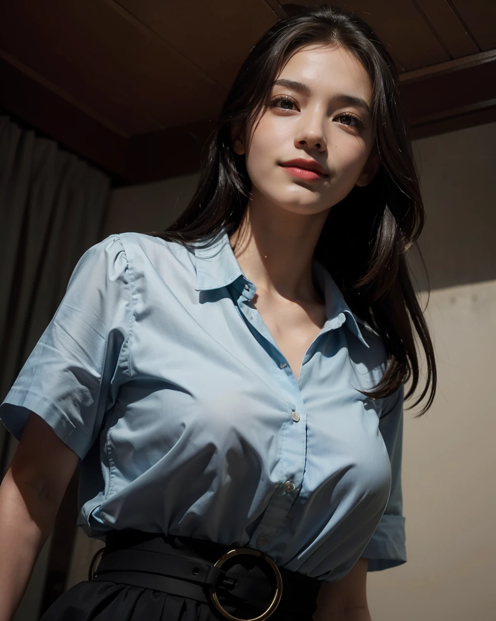 Best Quality, Masterpiece, (Photorealistic:1.4), 1girls, Light Smile, shirt with collars, Waist Up, Dramatic lighting, from below, Long hair,,