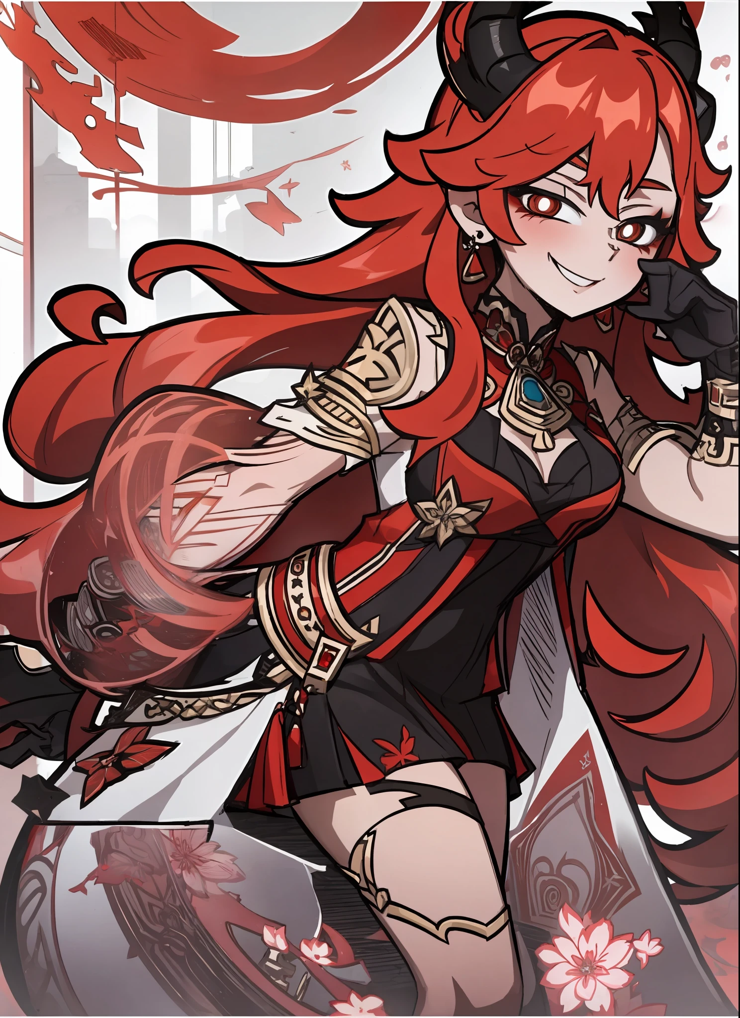 gs2, long red hair, red pupils, jewelry, blushing, cute, smug, smile, rolling eyes, black earring, black dress, miniskirt, goat horn