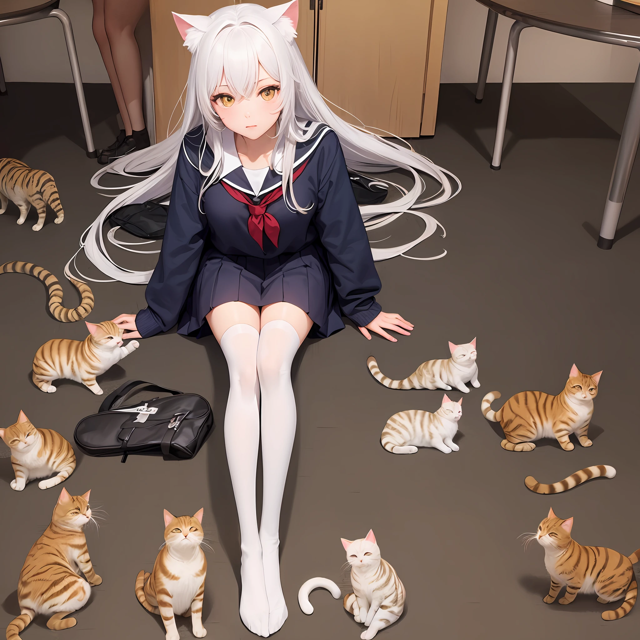 cat ear,schoolgirls,Q version,solo person,long whitr hair,white stockings,Yellow people,Cat lady --auto