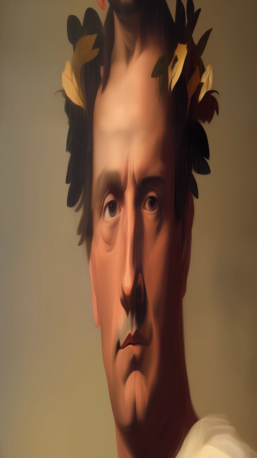 Photo of a man with a crown of leaves on his head, Julius Caesar, de corpo inteiro, Homem de Roma Antiga, pintura romana antiga, Jacques Louis David Estilo, inspirado em Augustus Dunbier, laurel wreath on his head, inspirado em Pogus Caesar, Directed by: Jacques-Louis David, jacques louis david, jacques - louis david, por Pogus Caesar, rosto estoico, Directed by: Joseph Raphael