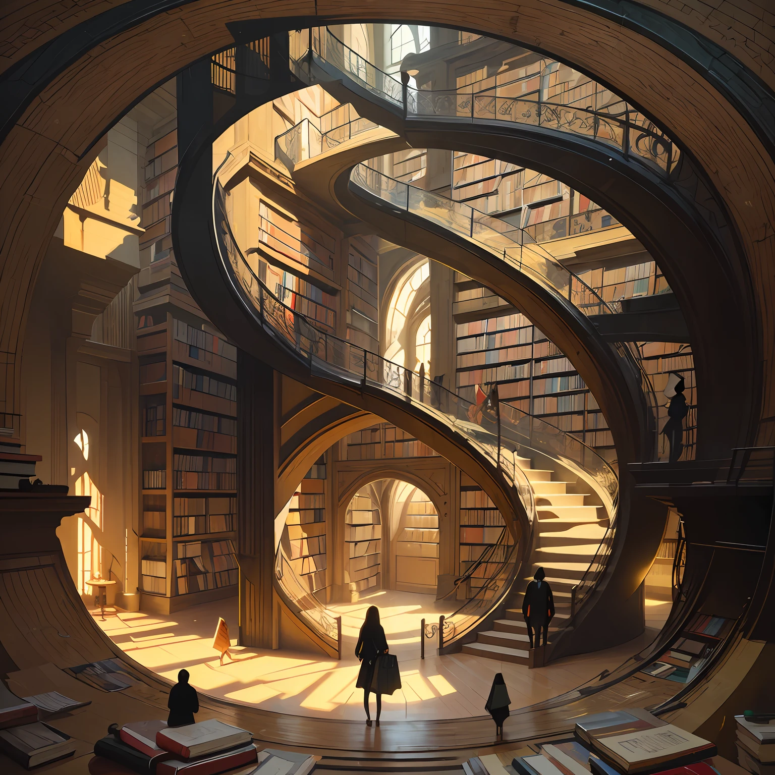 Arafed image of people, standing in the library with books, (Magic Library, Fantastic design, Möbius strip), Endless Books, Artworks of the Space Library, Book Cave, Fantasy book illustration, Spiral shelves, Complete Books, The Infinite Celestial Library, The Eternal Library, gothic epic library concept, The Magic Library, Japanese science fiction books, beeple and jean giraud, Books are everywhere