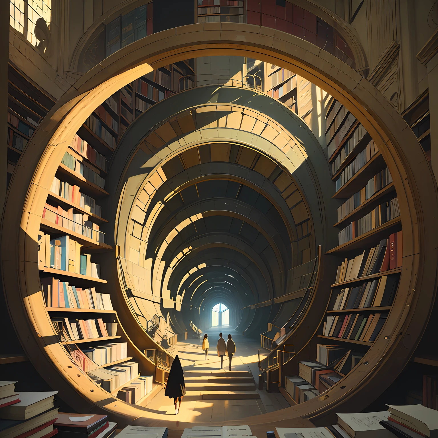 Arafed image of people, standing in the library with books, (Magic Library, Fantastic design, Möbius strip), Endless Books, Artworks of the Space Library, Book Cave, Fantasy book illustration, Spiral shelves, Complete Books, The Infinite Celestial Library, The Eternal Library, gothic epic library concept, The Magic Library, Japanese science fiction books, beeple and jean giraud, Books are everywhere