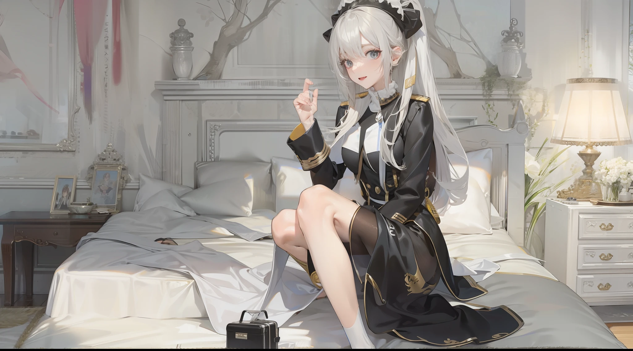 beauty anime leg length sitting on bed leg length black silk white silk uniform