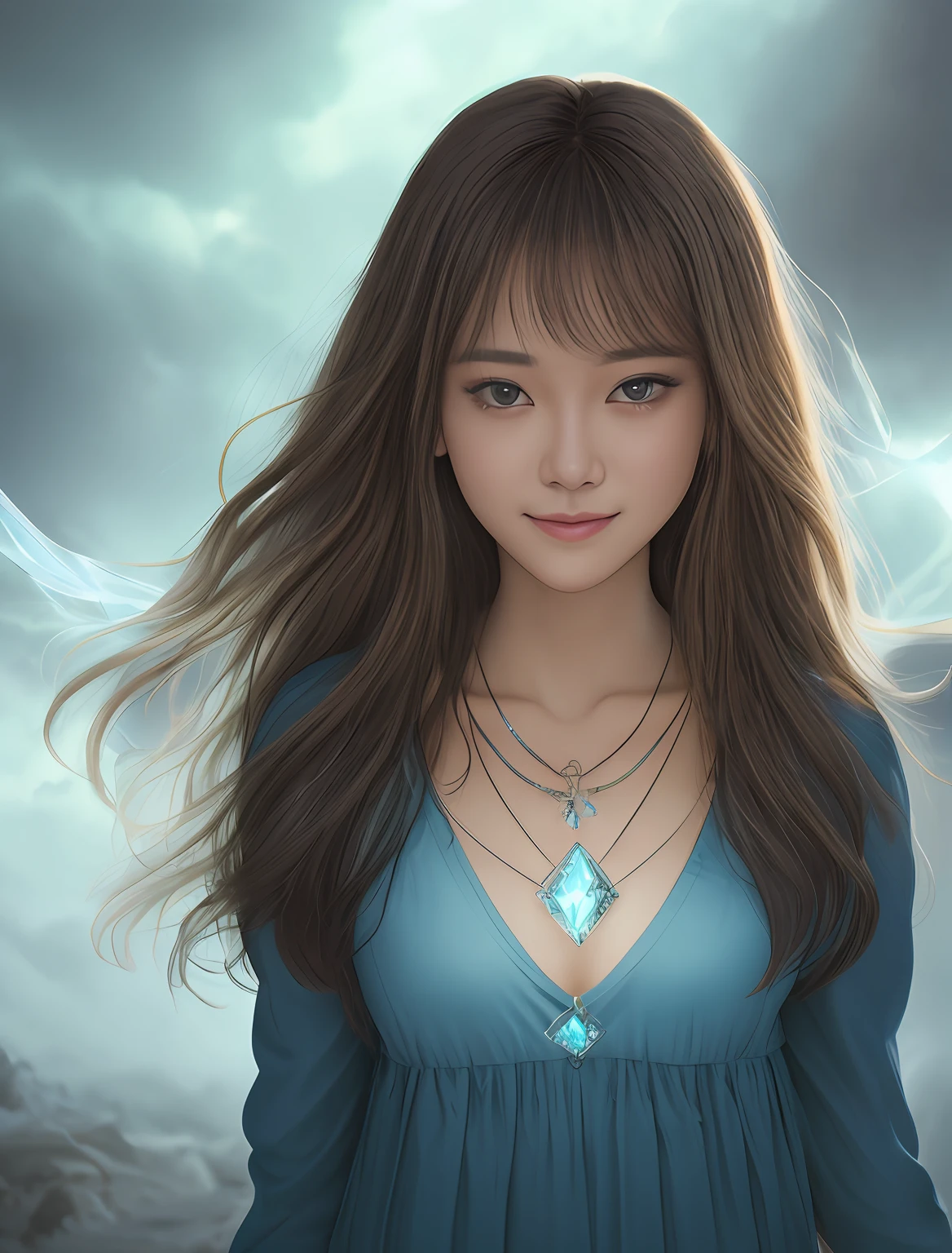 35mm, F/2.8, 8k, incredibly detailed and realistic body shot, small light coming in from below, background is misterios cloudy sky, Create an image of low girl called Theta with a flying stone crystal necklace at her chest emitting blue light and exploding towards seven direction, She wears simple light blue dress, her face is beautiful and cute, her long black hair, (she is smiling)