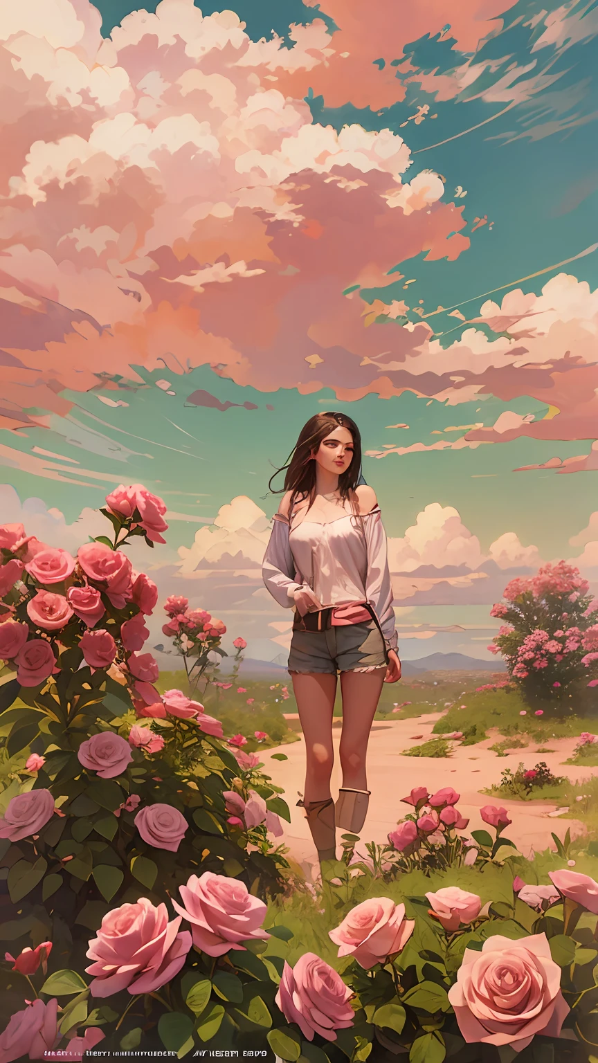 Summer, desert, pink clouds, a land overgrown with roses stands beautiful girl, James Gurney, art station rendered, ultra-wide lens, high definition