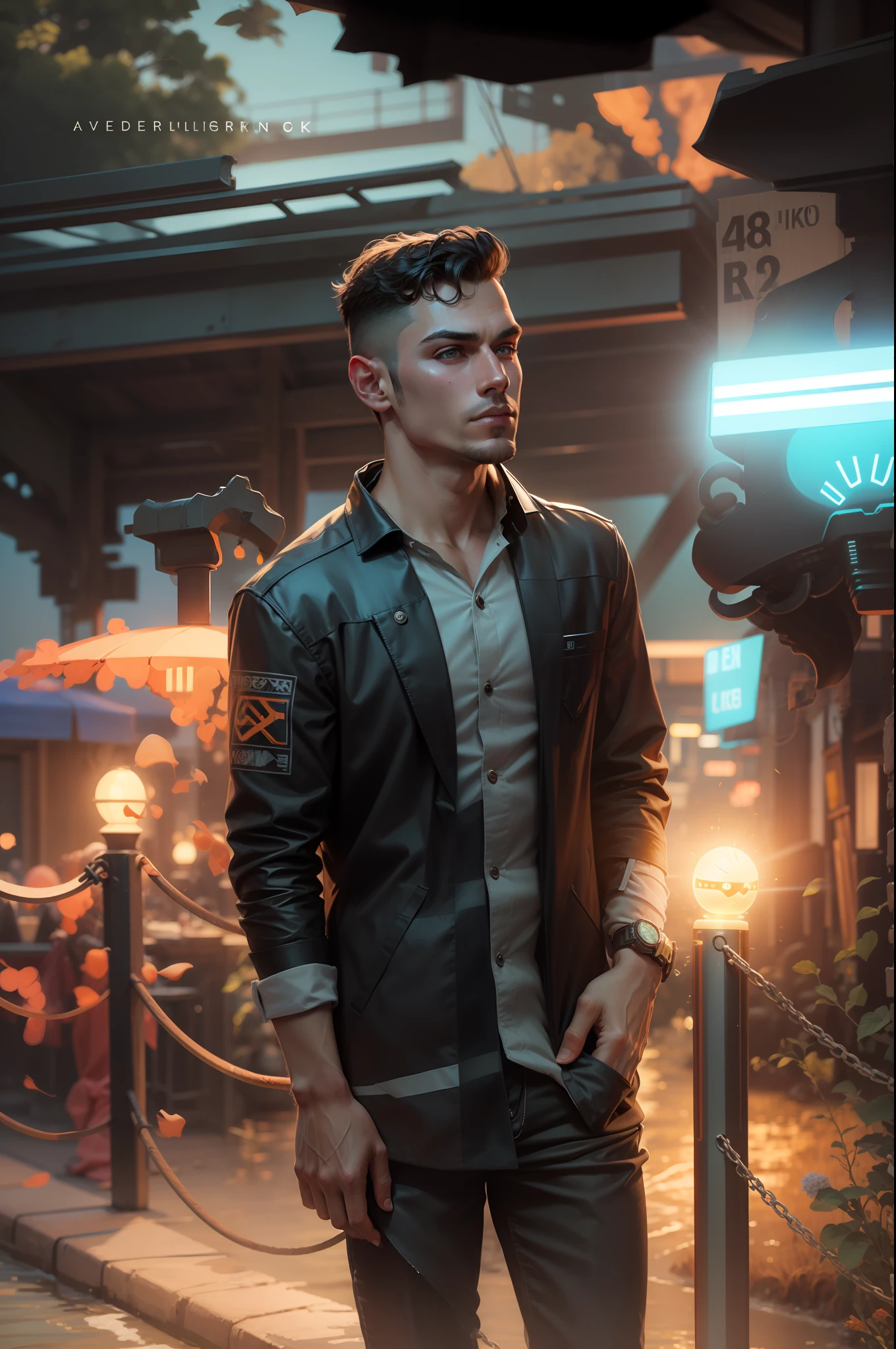 Cyber Punk handsome boy Real Stick face. 8k ultra realistic. Change background seaside Ultra background