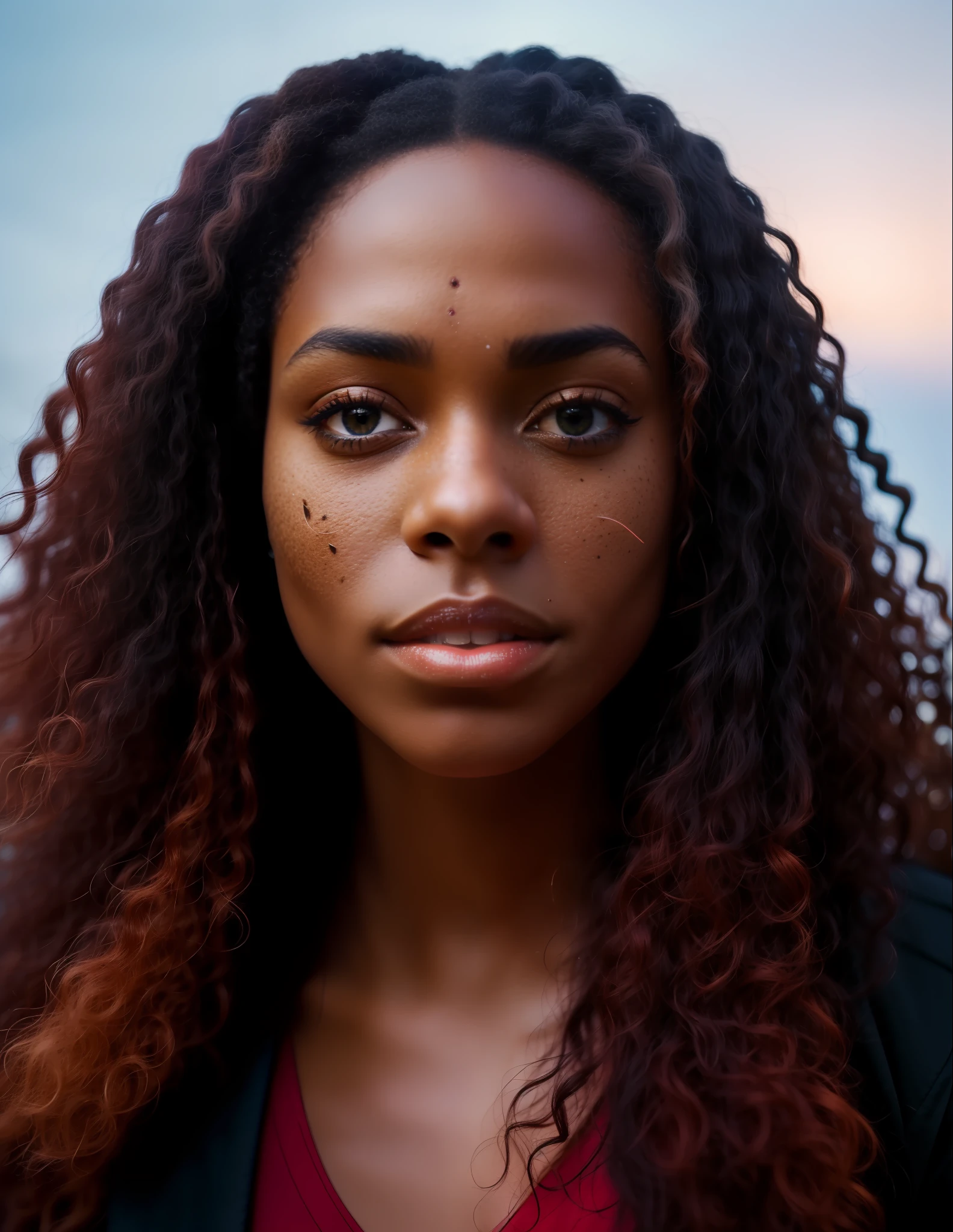 Professional portrait photo of a gorgeous Norwegian black girl with a crowded outdoor night in the background, long wavy black and red hair, sultry sexy look, (freckles), gorgeous symmetrical face, cute natural makeup, realistic, concept art, elegant, highly detailed, complex, sharp focus, depth of field, f/1. 8, 85mm, mid, mid, (professional color grading)), clear focus, bright soft diffuse light, (volumetric fog), popular on Instagram, HDR 4K, 8K, fat