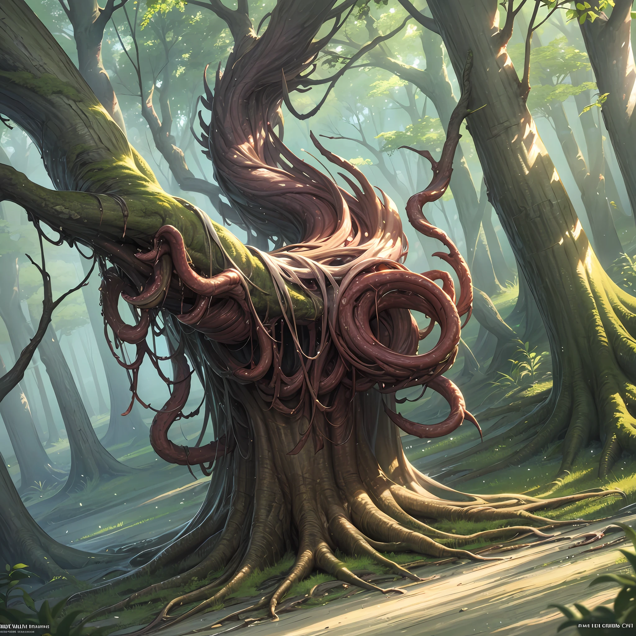 In the middle of a deep forest, A big tree, Embedded in an unnatural tree, entangled in ivy, Twist Arm, Twisted body, Swirling body, Deep in the forest, Assimilate with nature, Grotesque,plant monster、japanes, Whole body, Faithful reproduction of a real human being, Very realistic, High quality, 8k resolution Photorealistic masterpiece