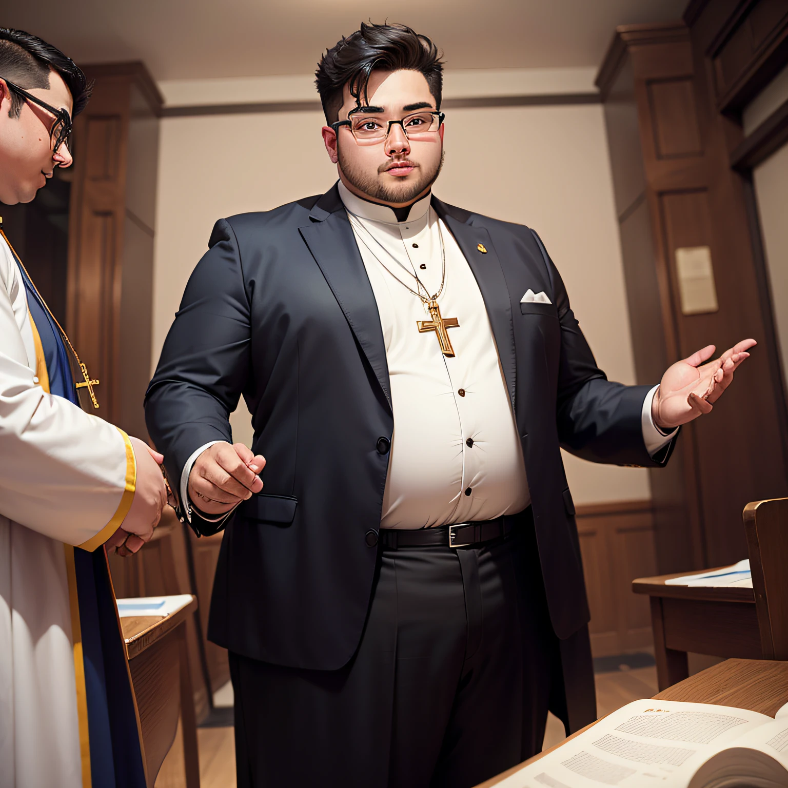 young fat male priest wearing glasses and a catholic priest clergyman suit, facing the camera --auto