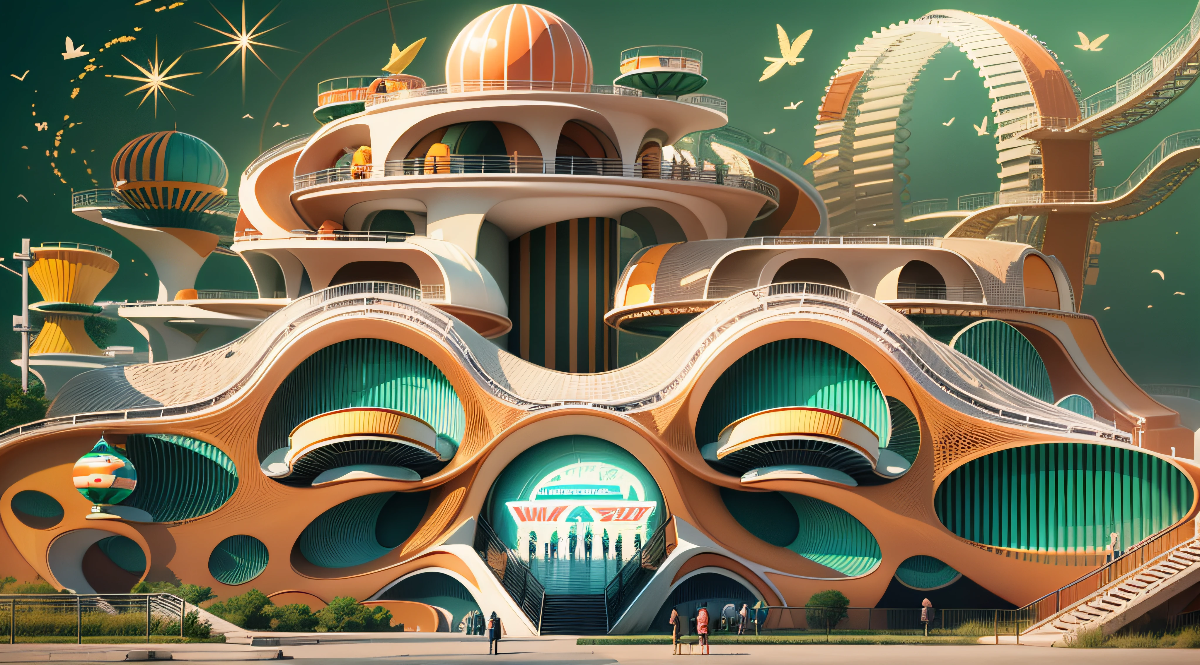 abstract digital art, geometric illustration, Busy amusement park on Mars, neofuturistic architecture, parametric architecture