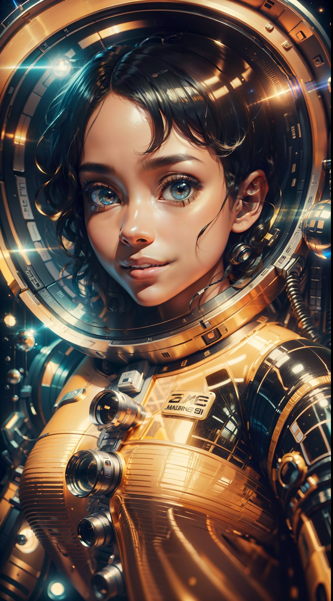 A full-body girl with black skin and curly hair floats inside a large gravitational capsule, (perfect smile: 1.8), golden ratio, anime portrait Space Cadet Girl, of a 2 0 1 9 Sci Fi 8 K movie, Zoe Kravitz futuristic astronaut, 8 K movie still, still 8 K movie, Zoe Kravitz as an astronaut,  in space suit, girl in space, panoramic view, portrait 8k render, beautiful woman in spacesuit, amplitude, open plan, cinematic, photorealism, Photographed on a Canon EOS-1D X Mark III, 150mm lens, F/0.8, sharp focus, volumetric fog, dramatic light, volumetric light, neon, 8k uhd, dslr camera, maximum quality, film grain, anamorphic, amplitude