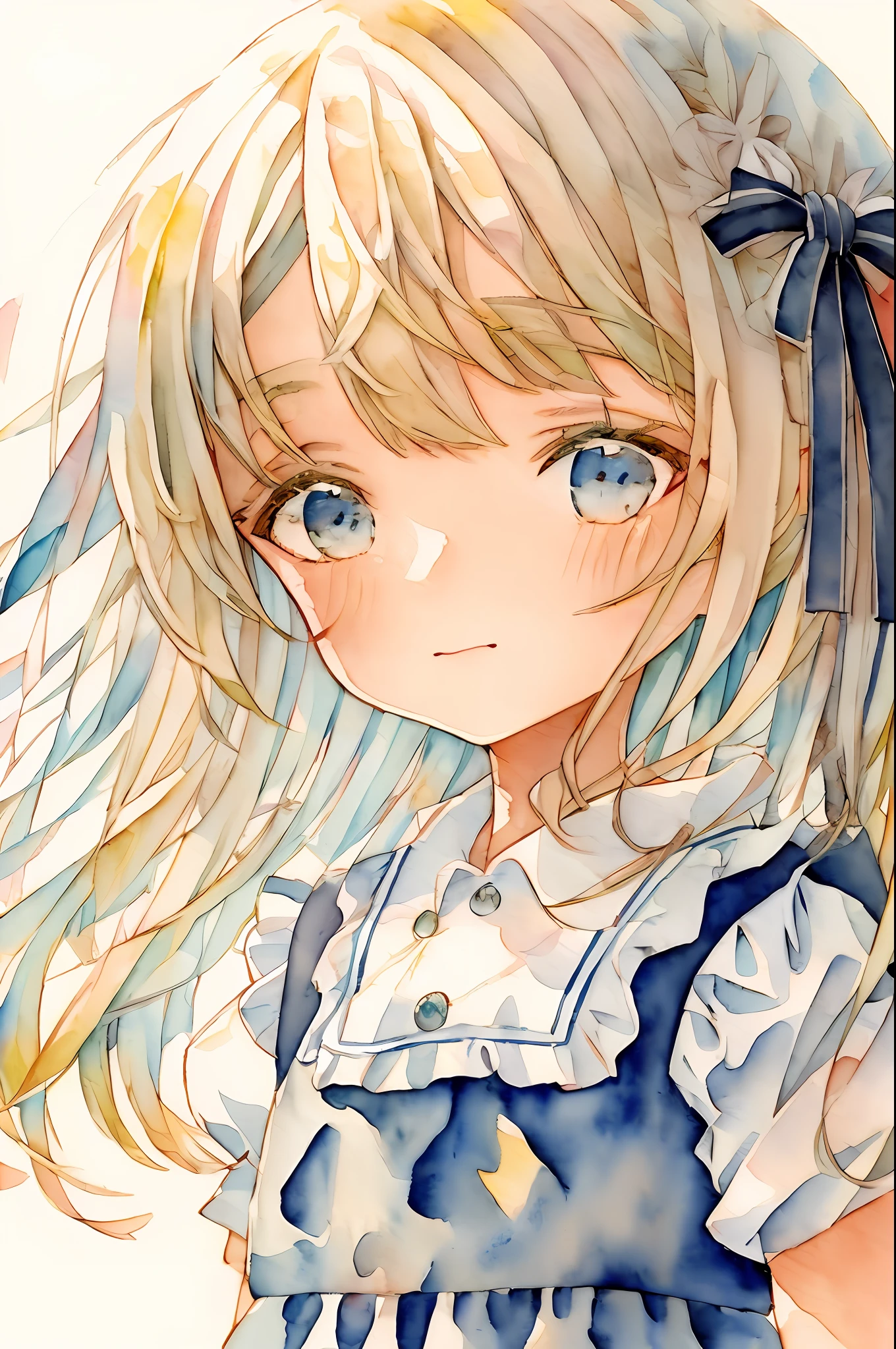 traditional media,chibi,watercolor \(medium\),watercolor background,1girl,blonde hair, blue eyes, blue dress, white apron, alice \(alice in wonderland\),