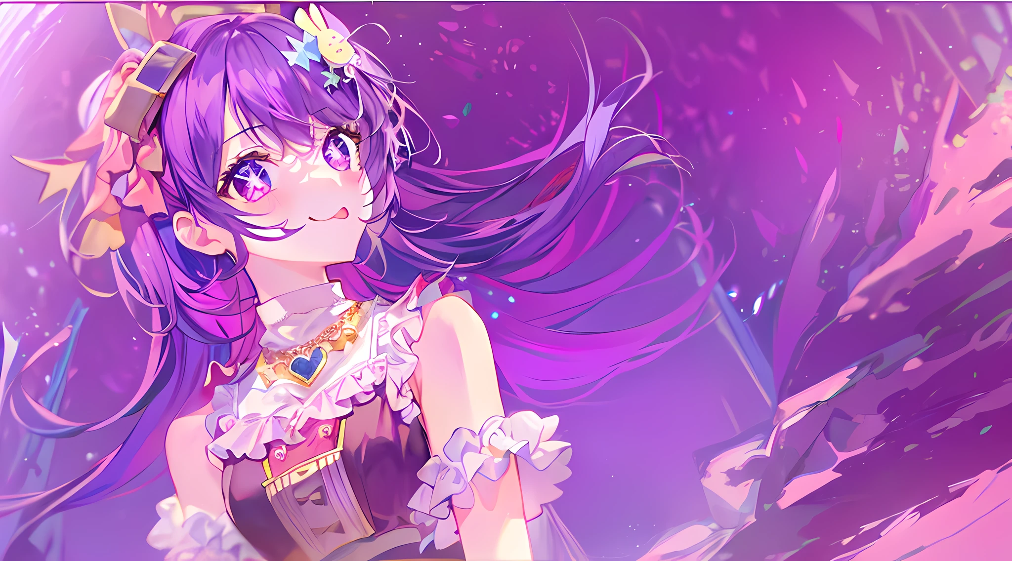 1girl, full body, cowboy shot,
(Rembrandt), illustration, (masterpiece), (best quality), (ultra_detailed), finely detail, (Depth of field),
HshinoAi,gloves, tongue out, tongue, long hair, star \(symbol\), looking at viewer, (purple hair:1.2), purple eyes, upper body, hair ornament, :p, frills, pink shirt, smile, sleeveless, shirt, idol, symbol-shaped pupils, hands up, bangs, one side up, star-shaped pupils, arms up,
dress pull,
Roaring Twenties, isometric, from above, sky, flower, cliff,