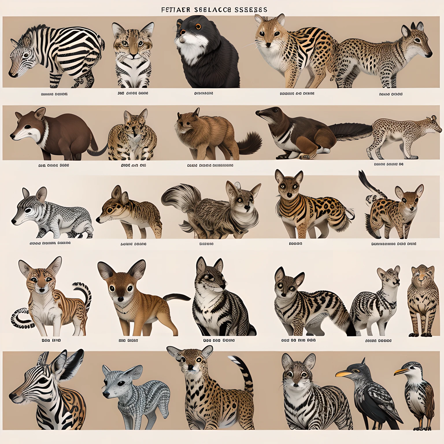 Create a high-resolution hyper-realistic flash sheet of wildlife illustrations in a large size . The style should be reminiscent of scientific wildlife art with the intricate lines and earthy colors . Use a papyrus-like color for the background to capture the image. --ar 4:7 --q 0.5 --style expressive --c 25 --niji 5