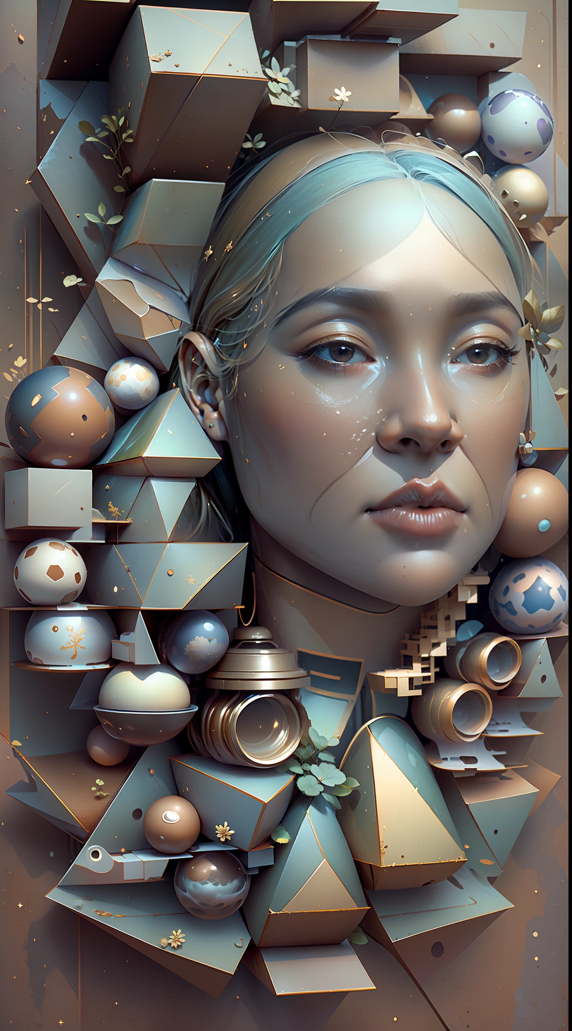 The human head consists of simple geometric shapes，square shapes，round form，spherical body、square shapes，planar，closeup cleavage，In fantastic installation style，Realistic and imaginative，hang/hang，Multi-layered collage，metals，highlight，Divergence