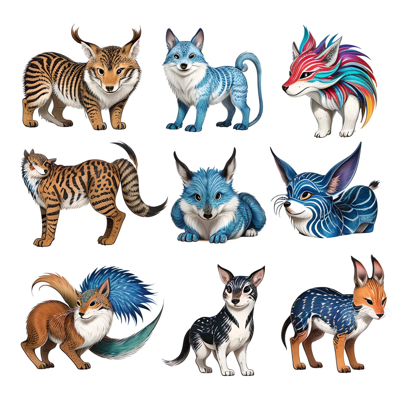 Create a high-resolution hyper-realistic flash sheet of Japanese mythological creatures in a small size . The style should be reminiscent of modern wildlife art with the intricate lines and watercolor-like colors . Use a papyrus-like color for the background to capture the image. --ar 5:4 --q 1 --style expressive --c 75 --niji 4