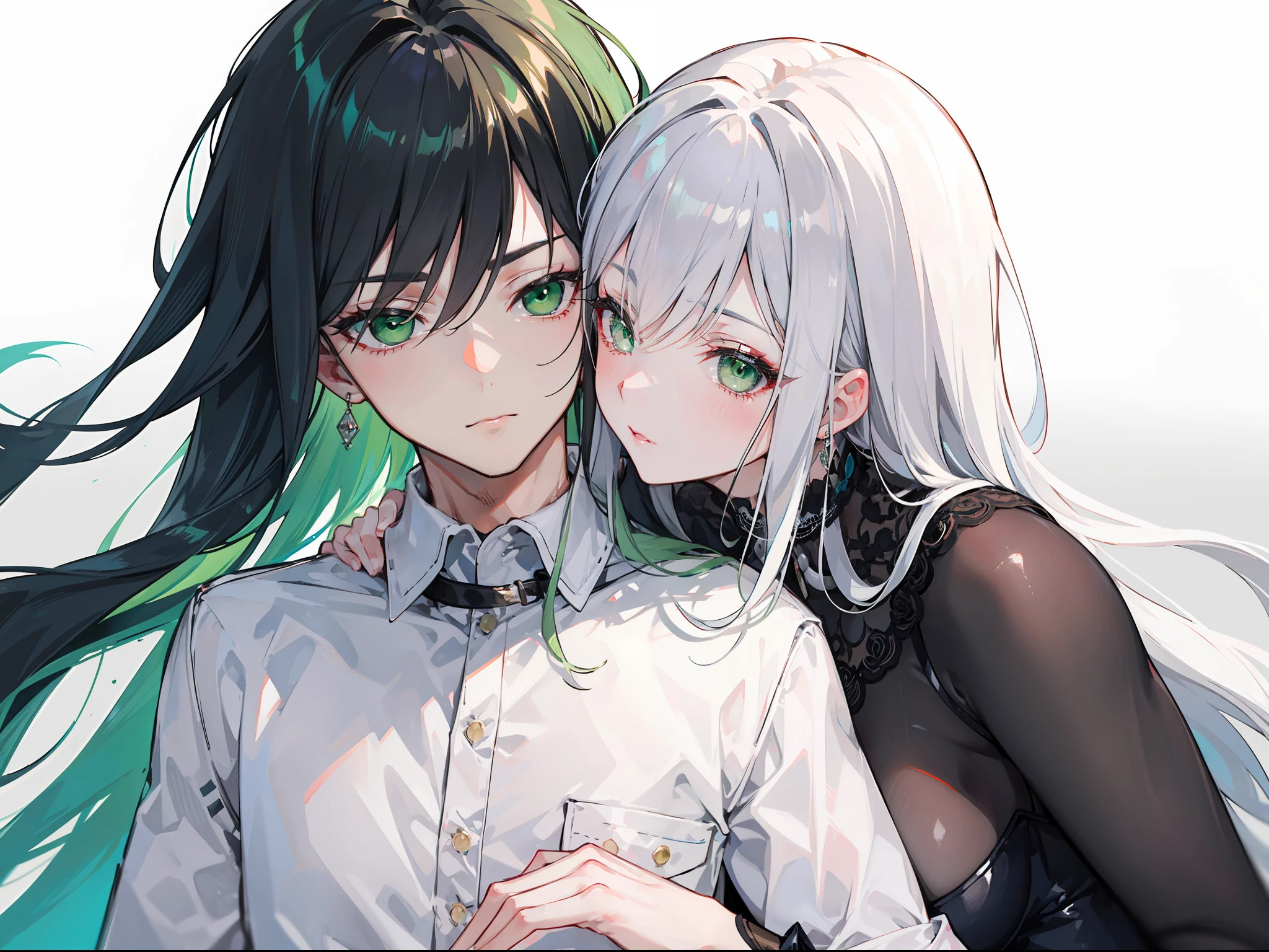 "Little lust scene, 4k, An mature couple intimate embracing. The woman with flowing white hair and mesmerizing green eyes, and the man with black hair and sharp green eyes."