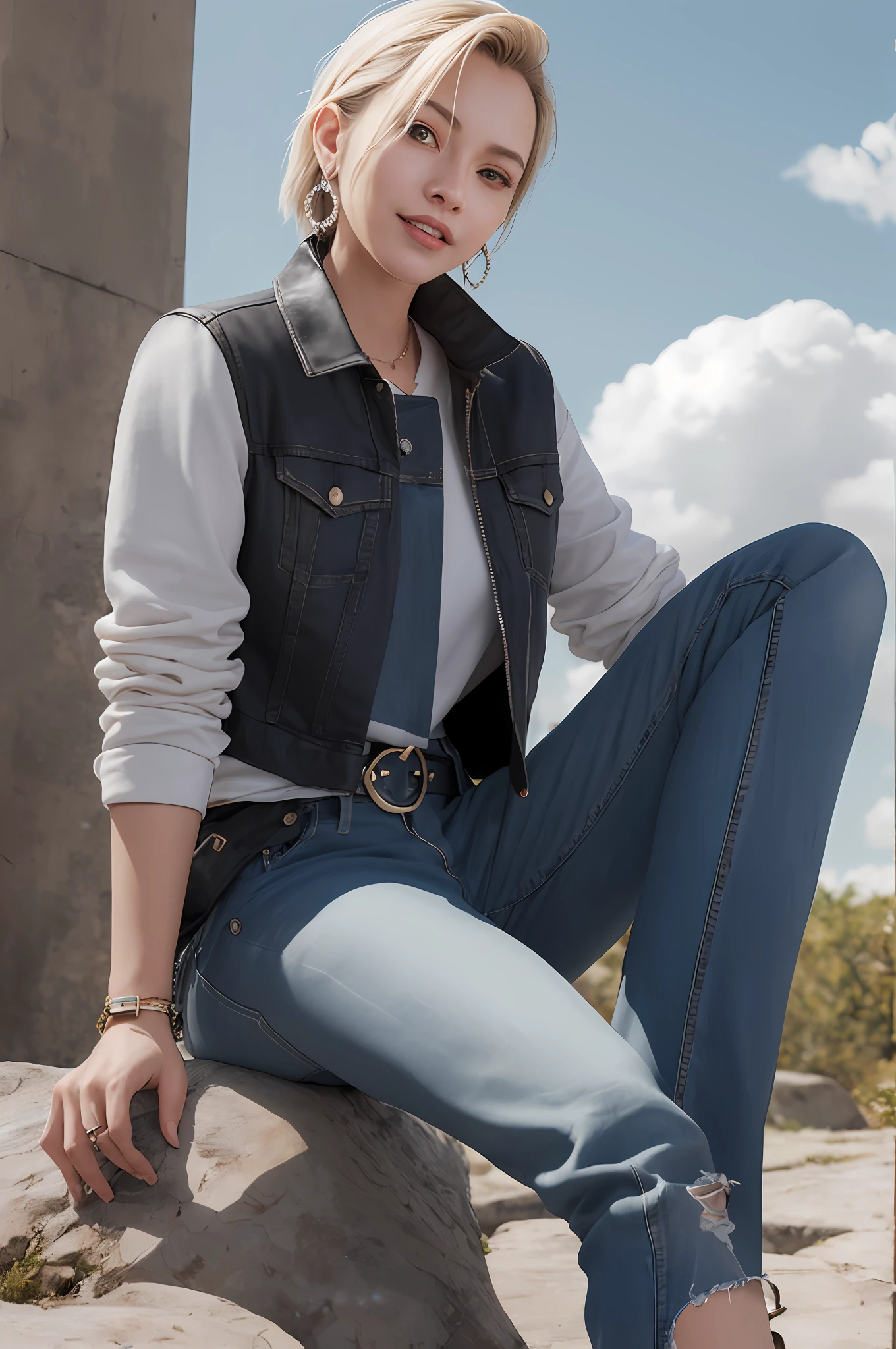 masterpiece, best quality, ultra-detailed, absurdres, Portrait of beautiful Android18DB, solo, earrings, jewelry, denim, smile, belt, vest, cloud, sky, day, pants, outdoors, gloves, necklace, jeans, rock, sitting, sitting_on_rock, volumetric lighting, best quality, masterpiece, intricate details, tonemapping, sharp focus, hyper detailed, trending on Artstation,