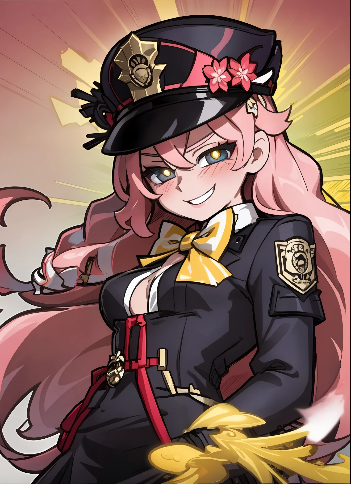 gs2 , long pink hair, yellow pupils, love in eyes, bow hairpins, blushing, cute, smug, smile, rolling eyes, white bow tie, black police outfit, police hat, long sleeves, miniskirt