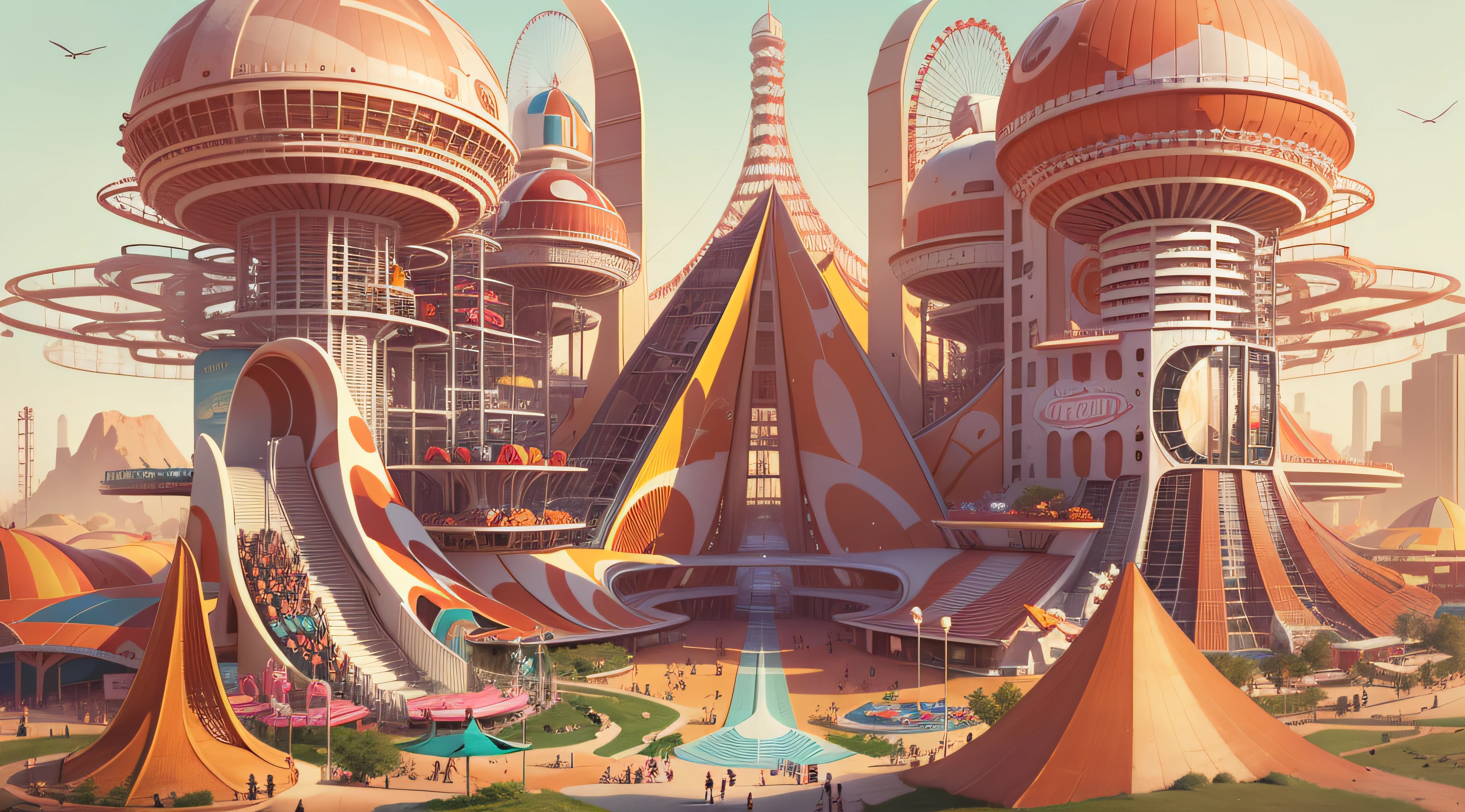 abstract digital art, geometric illustration, Busy amusement park on Mars, neofuturistic architecture, parametric architecture