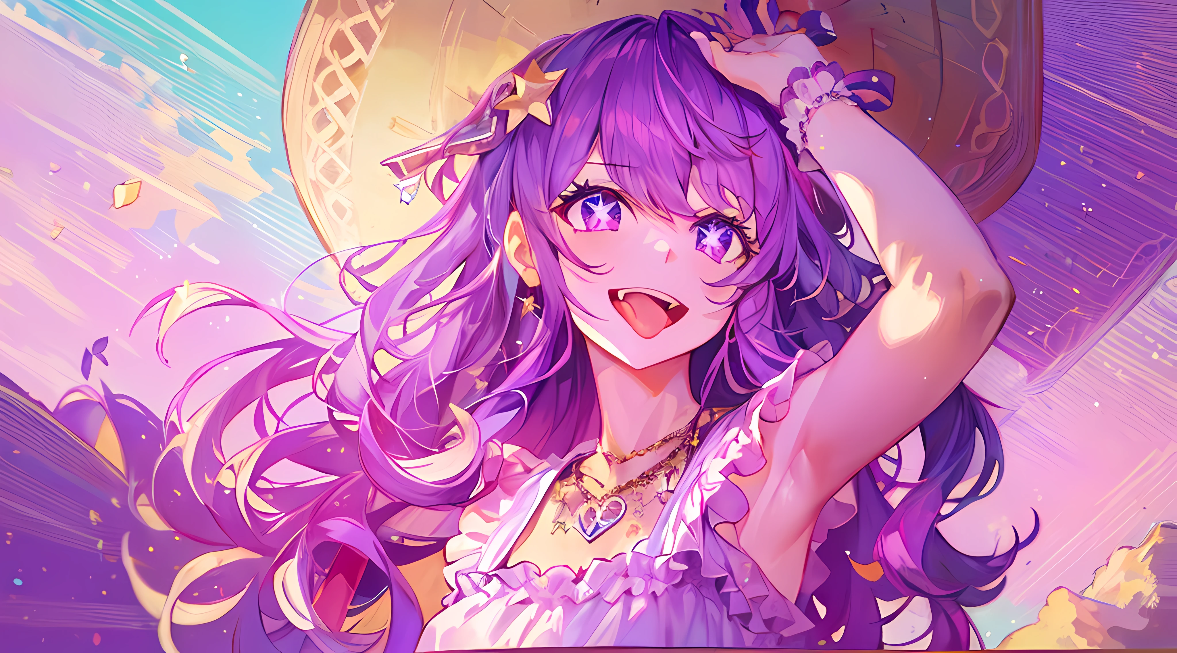 1girl, full body, cowboy shot,
(Rembrandt), illustration, (masterpiece), (best quality), (ultra_detailed), finely detail, (Depth of field),
HshinoAi,gloves, tongue out, tongue, long hair, star \(symbol\), looking at viewer, (purple hair:1.2), purple eyes, upper body, hair ornament, :p, frills, pink shirt, smile, sleeveless, shirt, idol, symbol-shaped pupils, hands up, bangs, one side up, star-shaped pupils, arms up,
dress pull,
Roaring Twenties, isometric, from above, sky, flower, cliff,