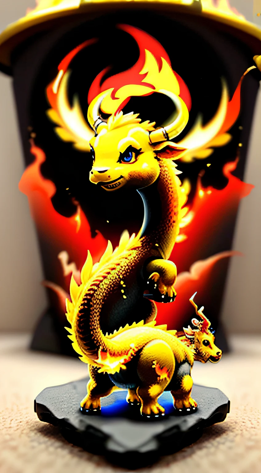 Surreal color photo of cute little fire dragon and golden calf, Chinese zodiac elements based on dragons and cows, The fire dragon faces the camera，The little golden calf has his back to the camera，Look back at the camera. —c 10 —ar 2:3