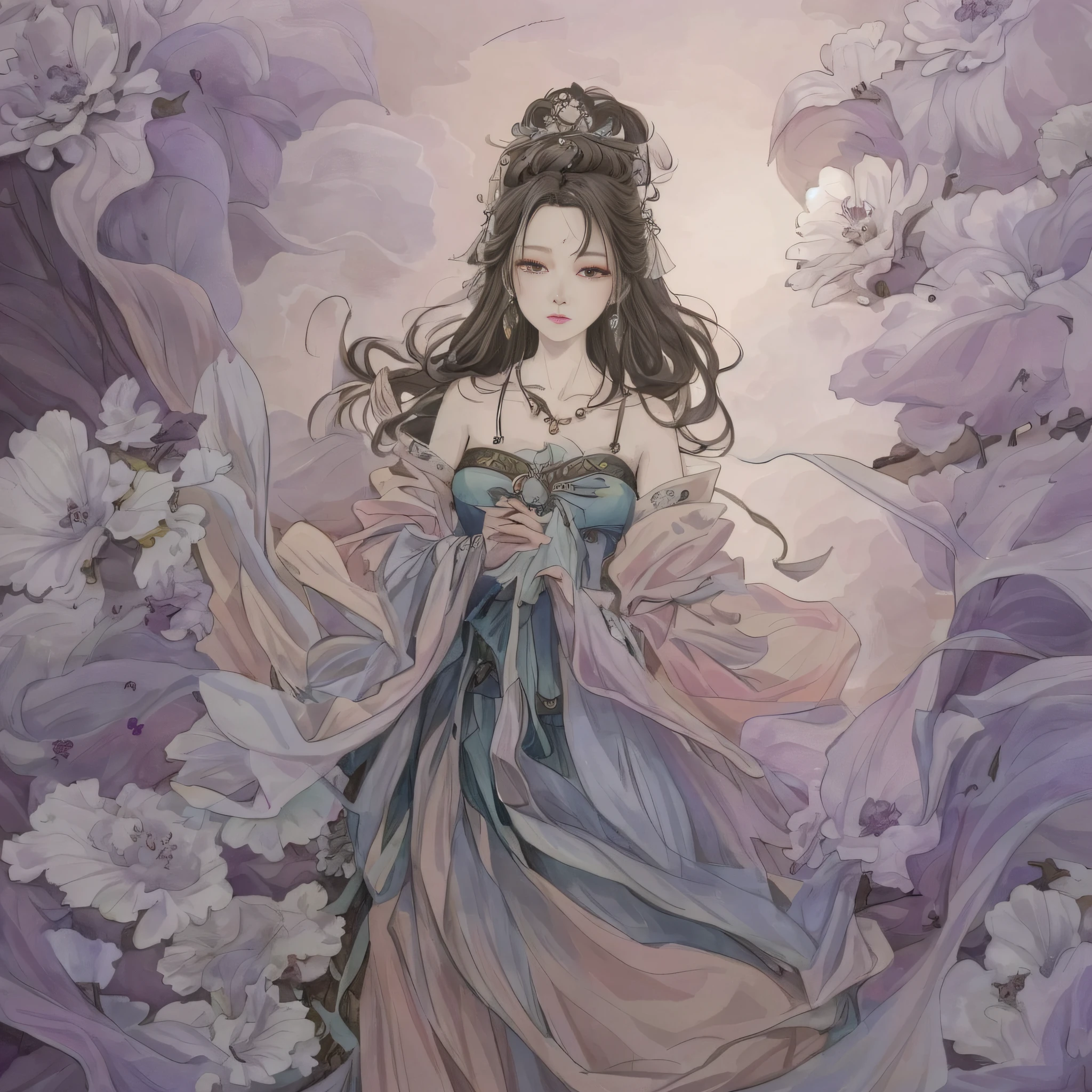 there is a woman in a dress that is walking in the flowers, palace ， a girl in hanfu, artwork in the style of guweiz, guweiz, guweiz on pixiv artstation, a beautiful fantasy empress, guweiz masterpiece, by Yang J, guweiz on artstation pixiv, beautiful character painting, a beautiful artwork illustration