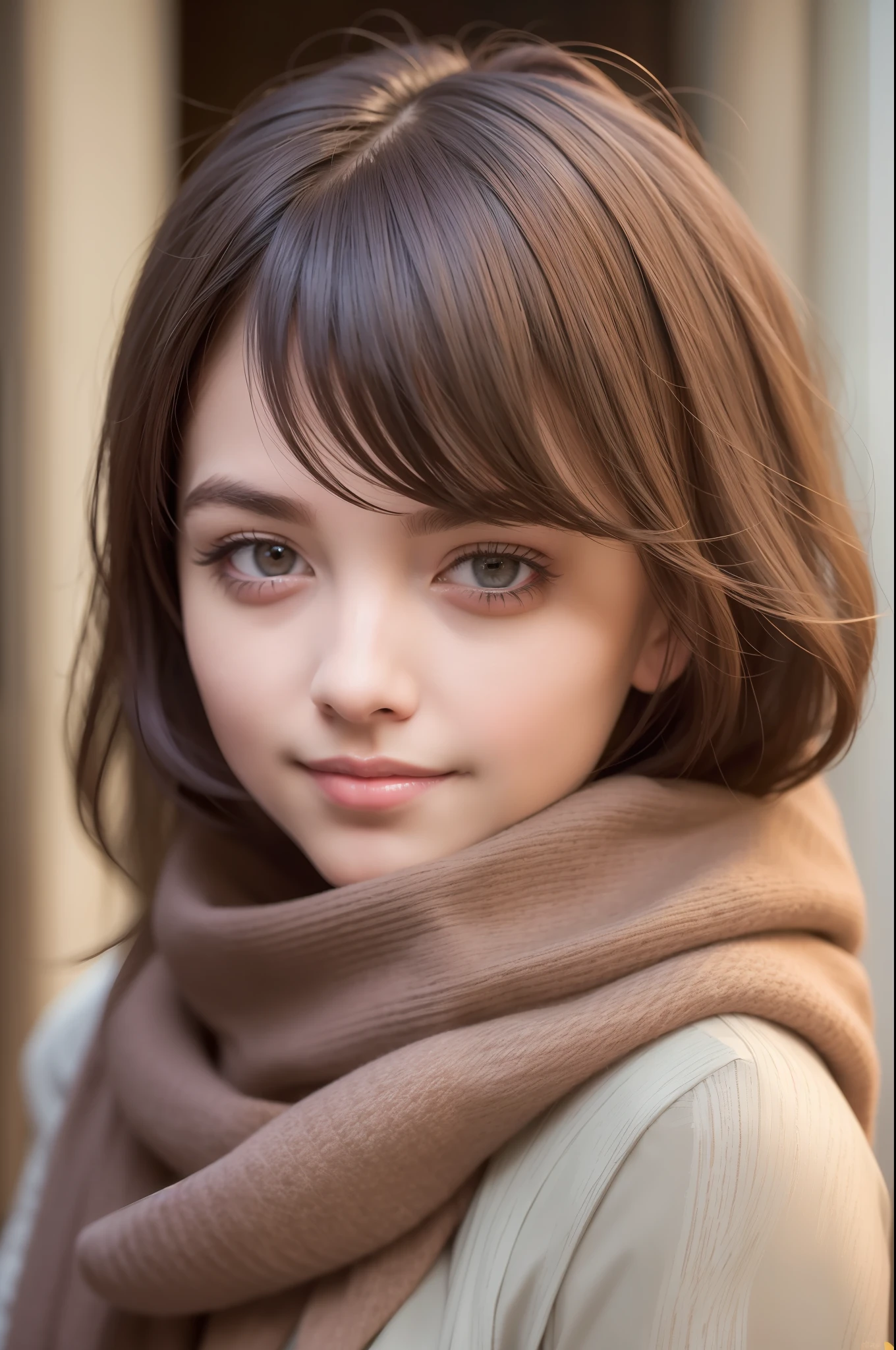 Best quality,Masterpiece,Ultra HD digital photos,solo portrait,one-girl,Wear a slender coat,Wear a scarf,ssmile,looking to the camera,exteriors,