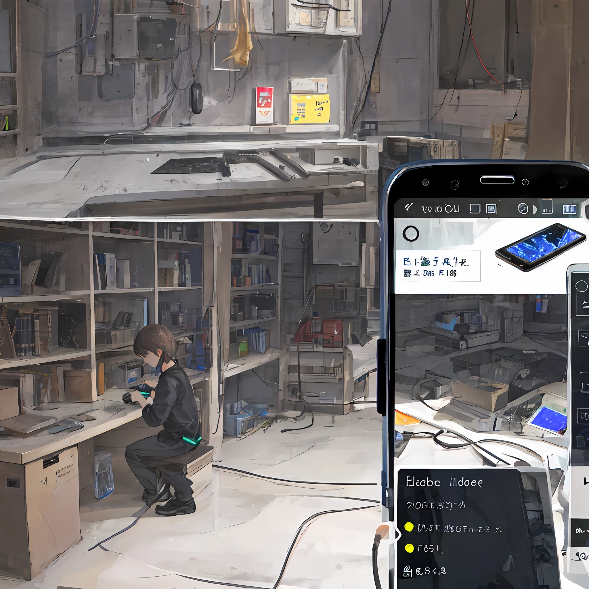Someone holding a smartphone, a Android bot on the screen, letters "s9456" in photos , very accurate photos, he repairing the smartphone,have some cables on it, quality images,the style like UFO