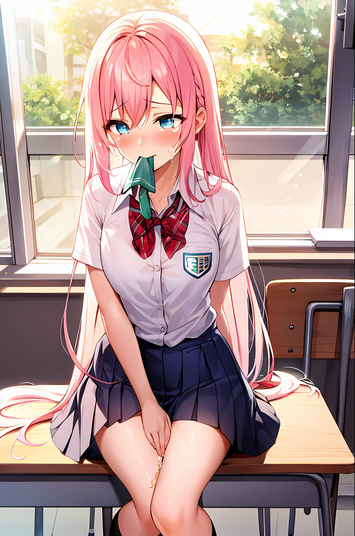 1 long hair, girl in school uniform, miniskirt, pink hair, looking away, sitting and spreading crotch, embarrassed, blushing, crying, mouth closed, classroom (girl leaking pee)