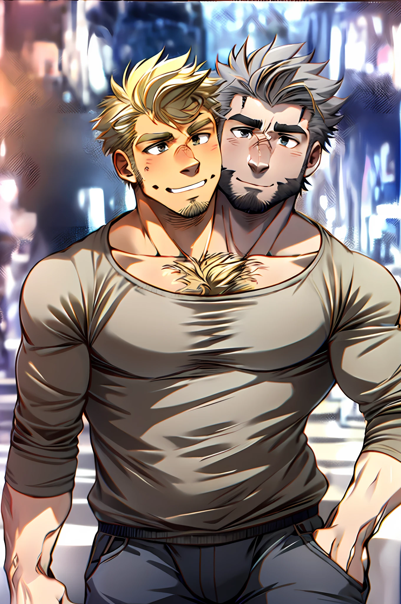25-year old male, casual clothes, hirsute, two heads, two different heads. Right head older, ash-grey hair, stubble. Left head younger, blonde hair. Age difference.